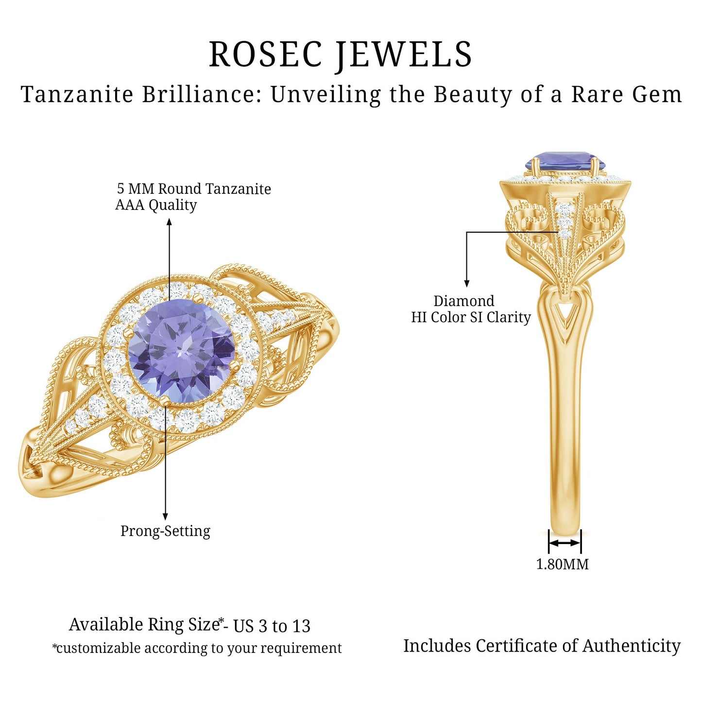 Natural Tanzanite Retro Engagement Ring with Diamond