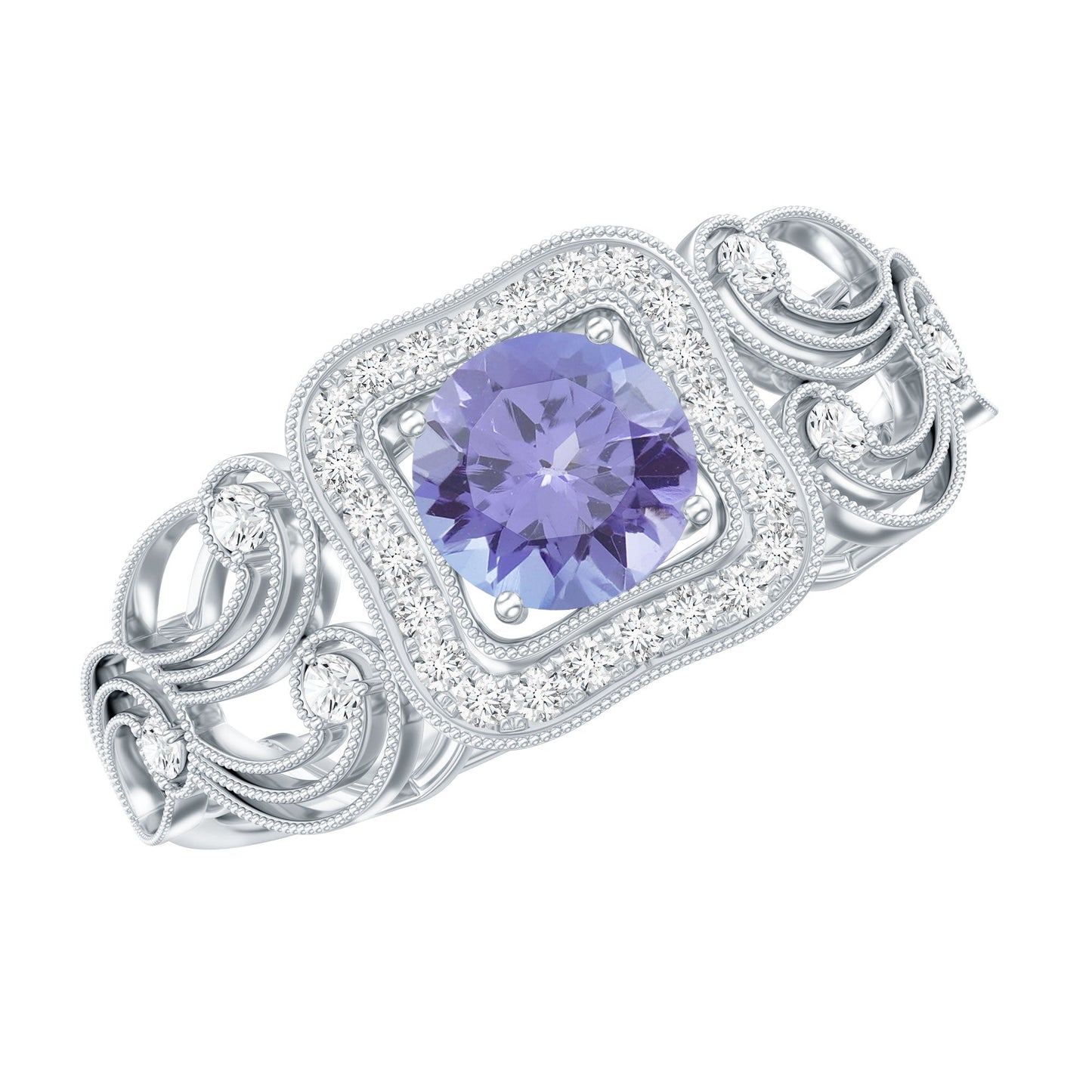 Tanzanite Vintage Looking Engagement Ring with Diamond Halo