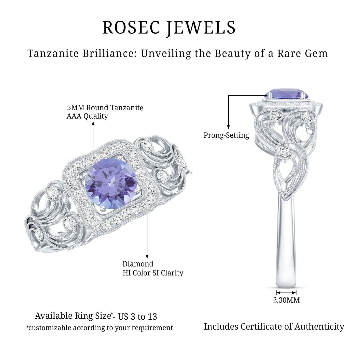 Tanzanite Vintage Looking Engagement Ring with Diamond Halo