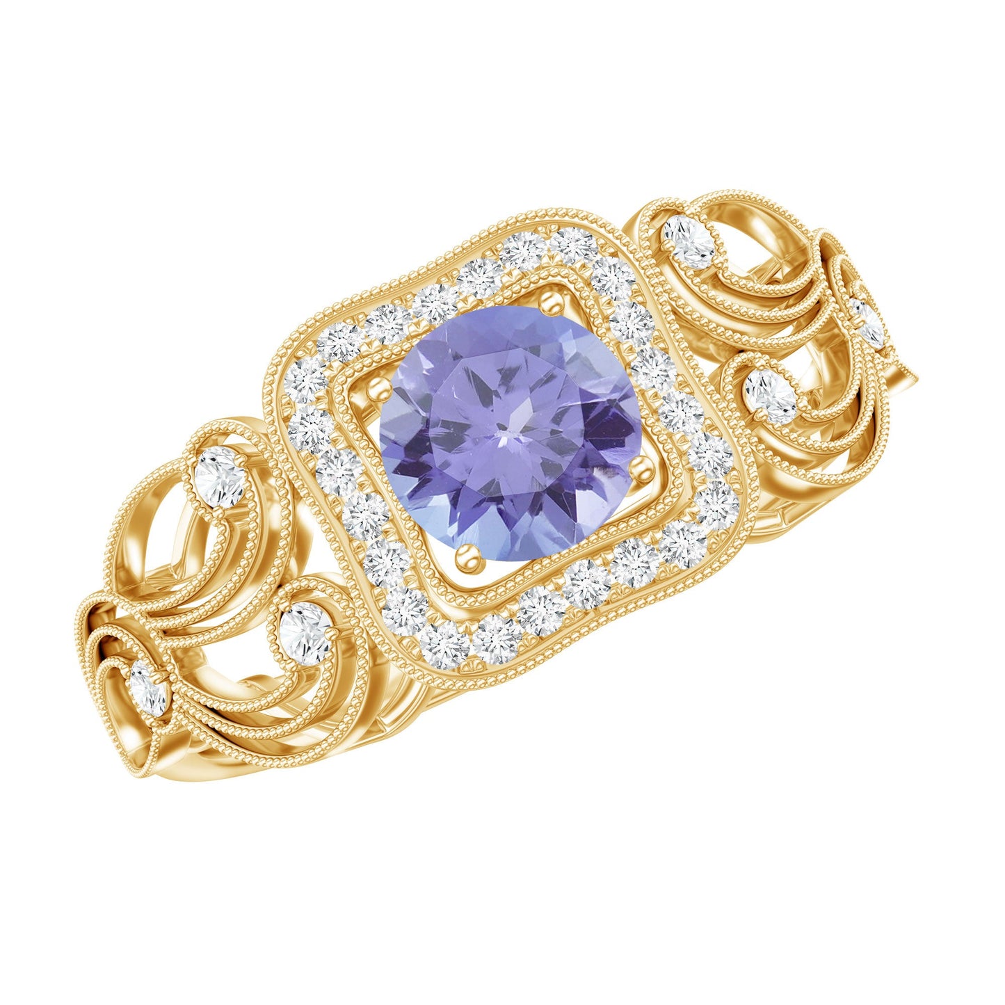 Tanzanite Vintage Looking Engagement Ring with Diamond Halo