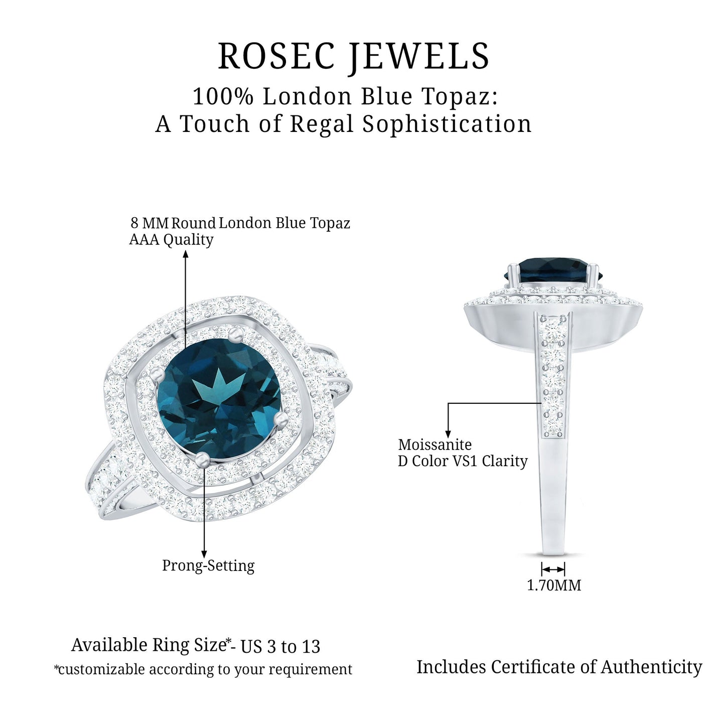 2 Carat Round London Blue Topaz Double Halo Engagement Ring with Moissanite