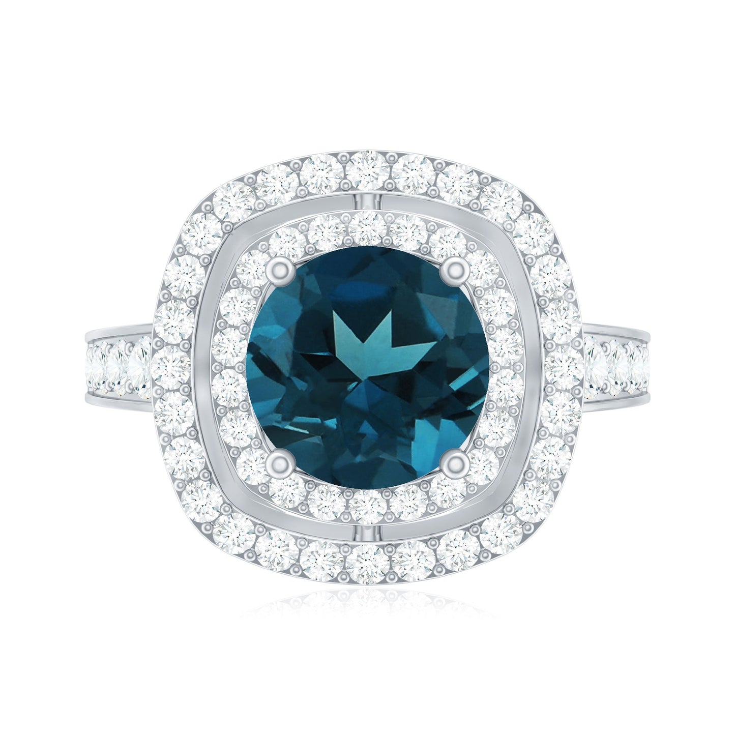 2 Carat Round London Blue Topaz Double Halo Engagement Ring with Moissanite