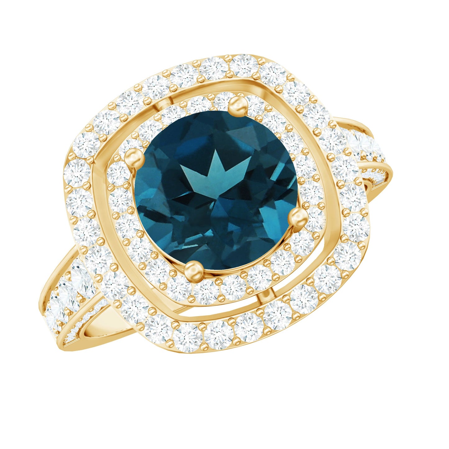 2 Carat Round London Blue Topaz Double Halo Engagement Ring with Moissanite