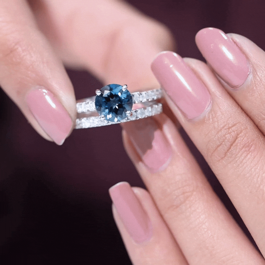 2 Carat Round London Blue Topaz Solitaire Rings Set with Moissanite Band