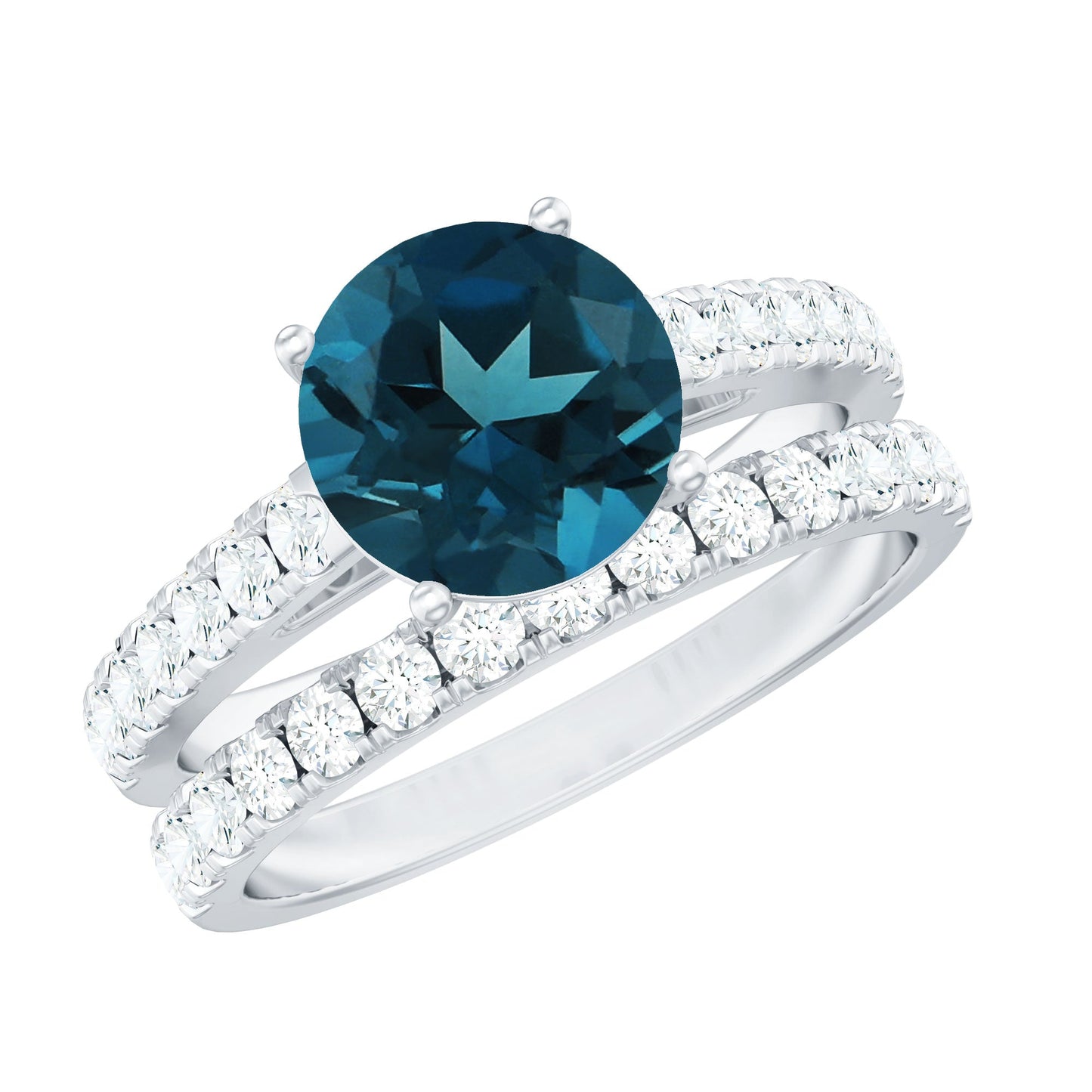 2 Carat Round London Blue Topaz Solitaire Rings Set with Moissanite Band