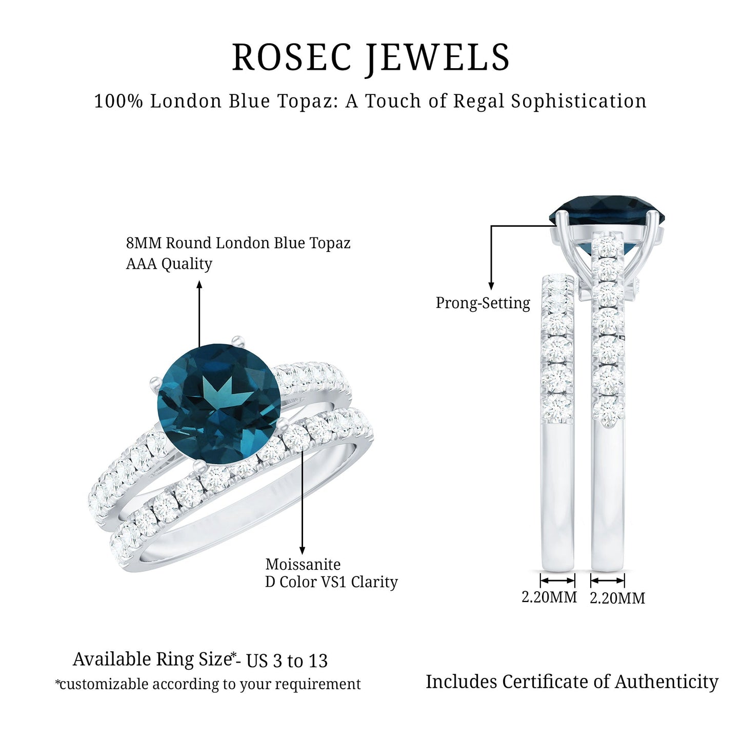 2 Carat Round London Blue Topaz Solitaire Rings Set with Moissanite Band