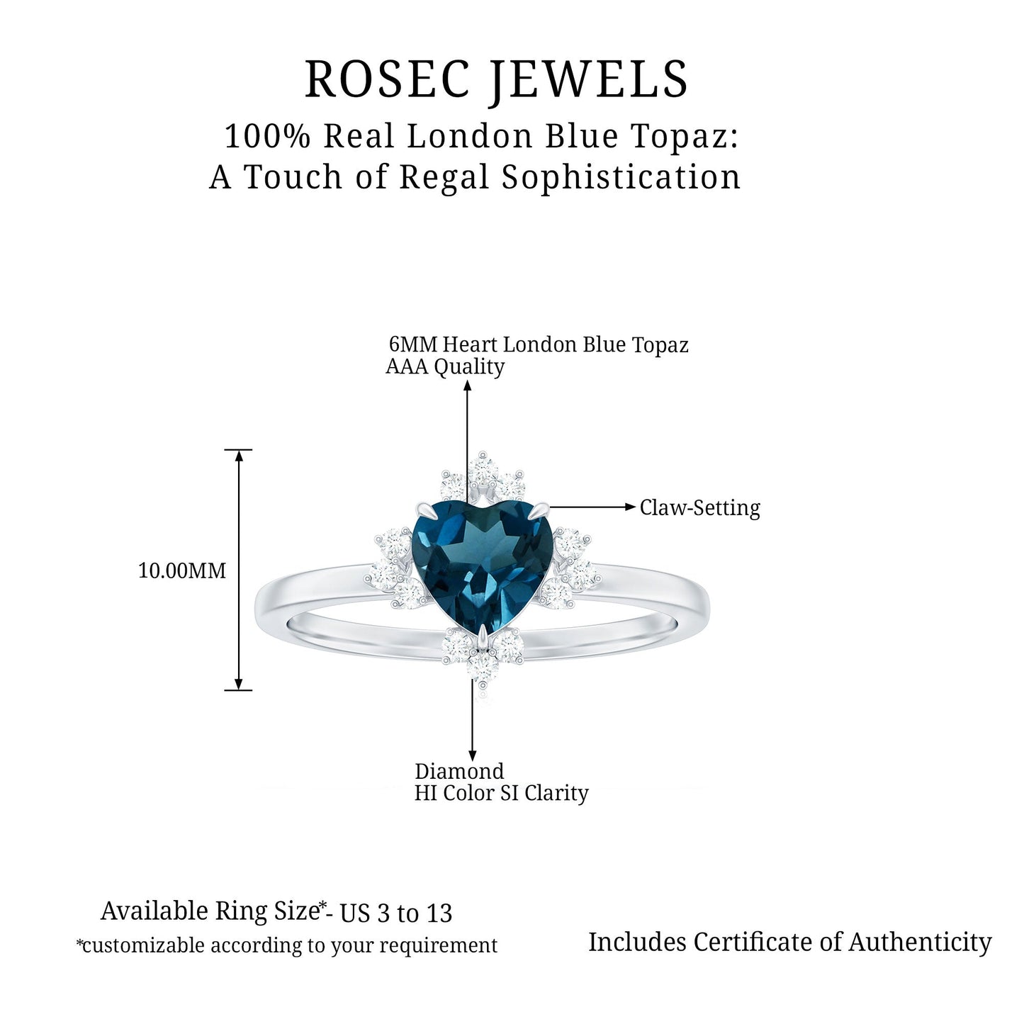 2 Carat Heart London Blue Topaz Engagement Ring with Diamond