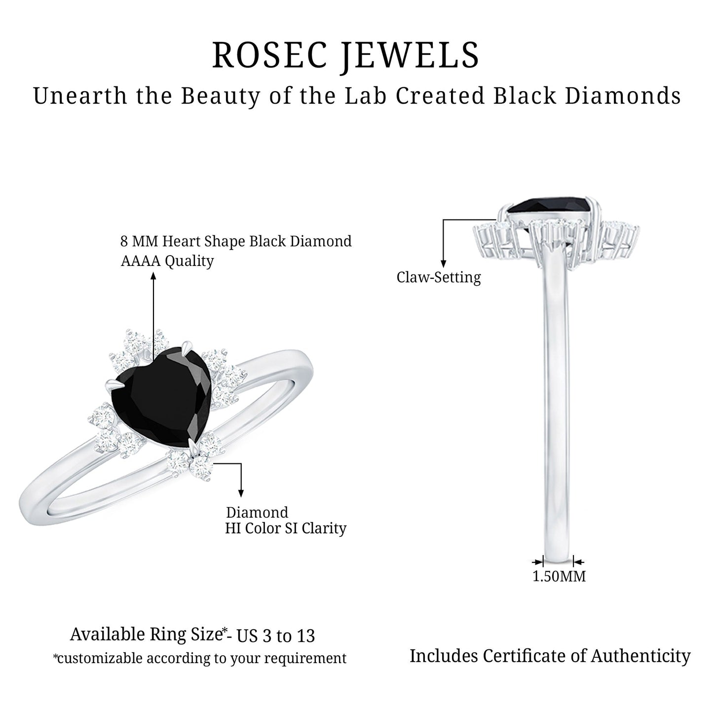 Certified 2.4 Carat Lab Grown Black Diamond Heart Engagement Ring with White Diamond