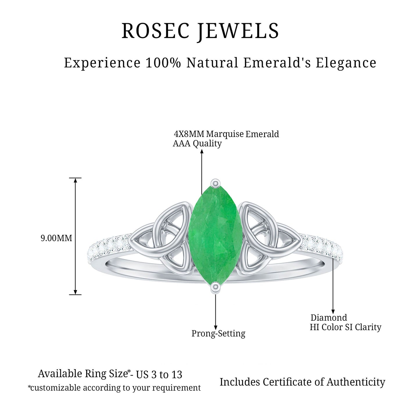 Marquise Cut Emerald Celtic Knot Engagement Ring with Diamonds