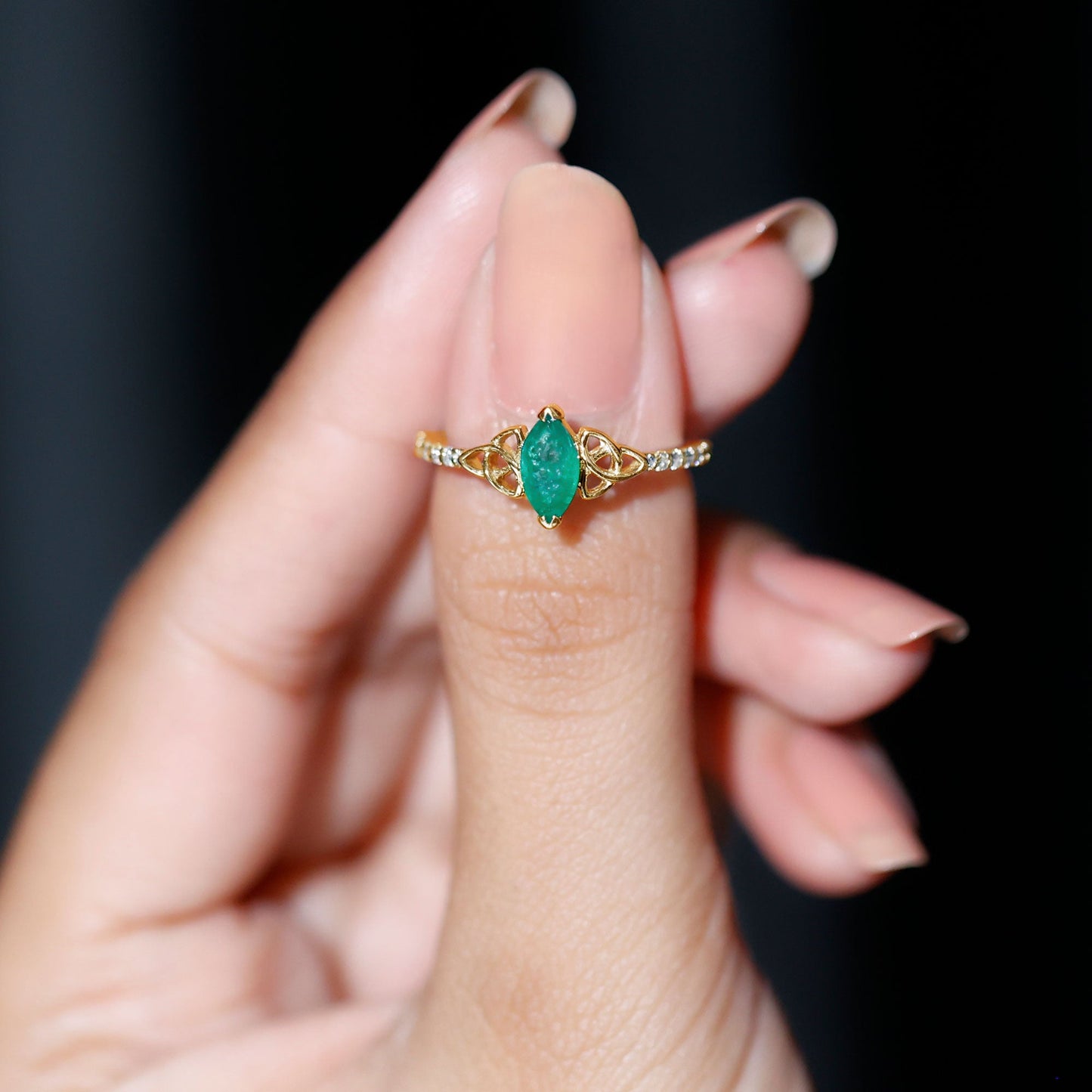Marquise Cut Emerald Celtic Knot Engagement Ring with Diamonds