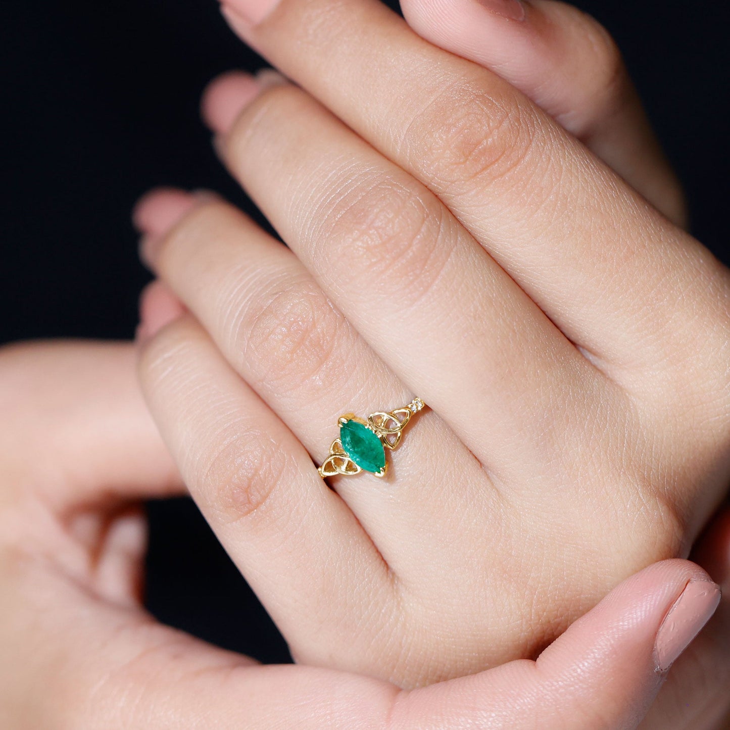 Marquise Cut Emerald Celtic Knot Engagement Ring with Diamonds