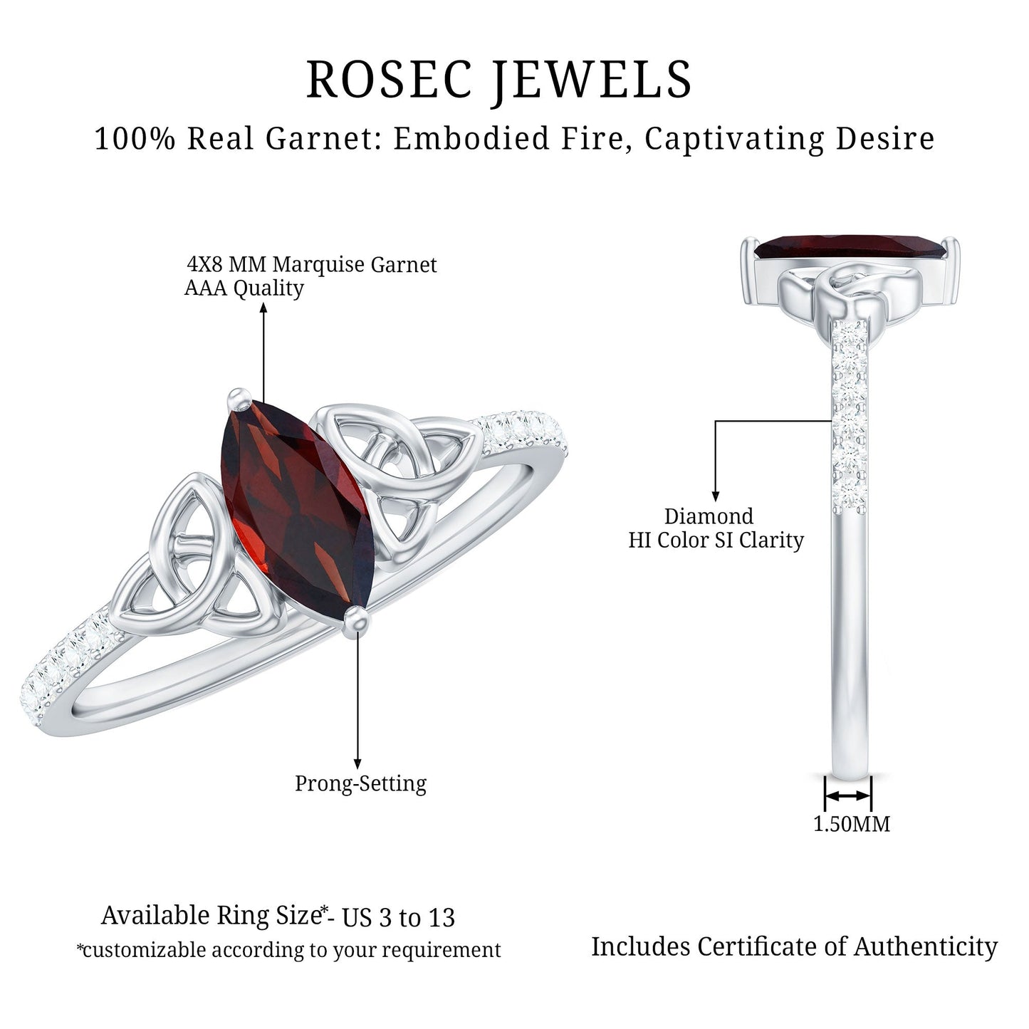 Real Garnet Diamond Marquise Engagement Ring with Celtic Knot