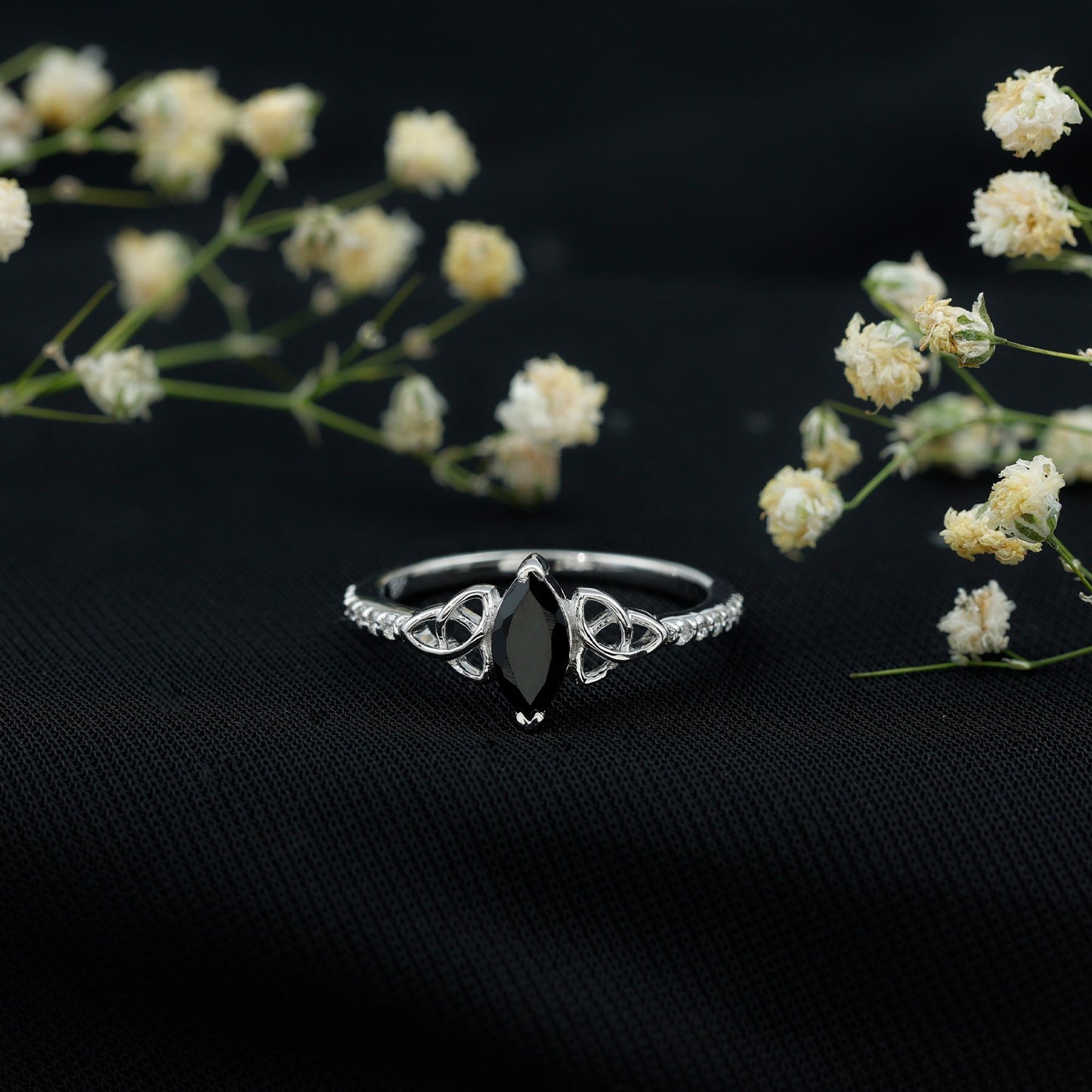 0.8 Carat Lab Grown Black and White Diamond Marquise Engagement Ring with Celtic Knot