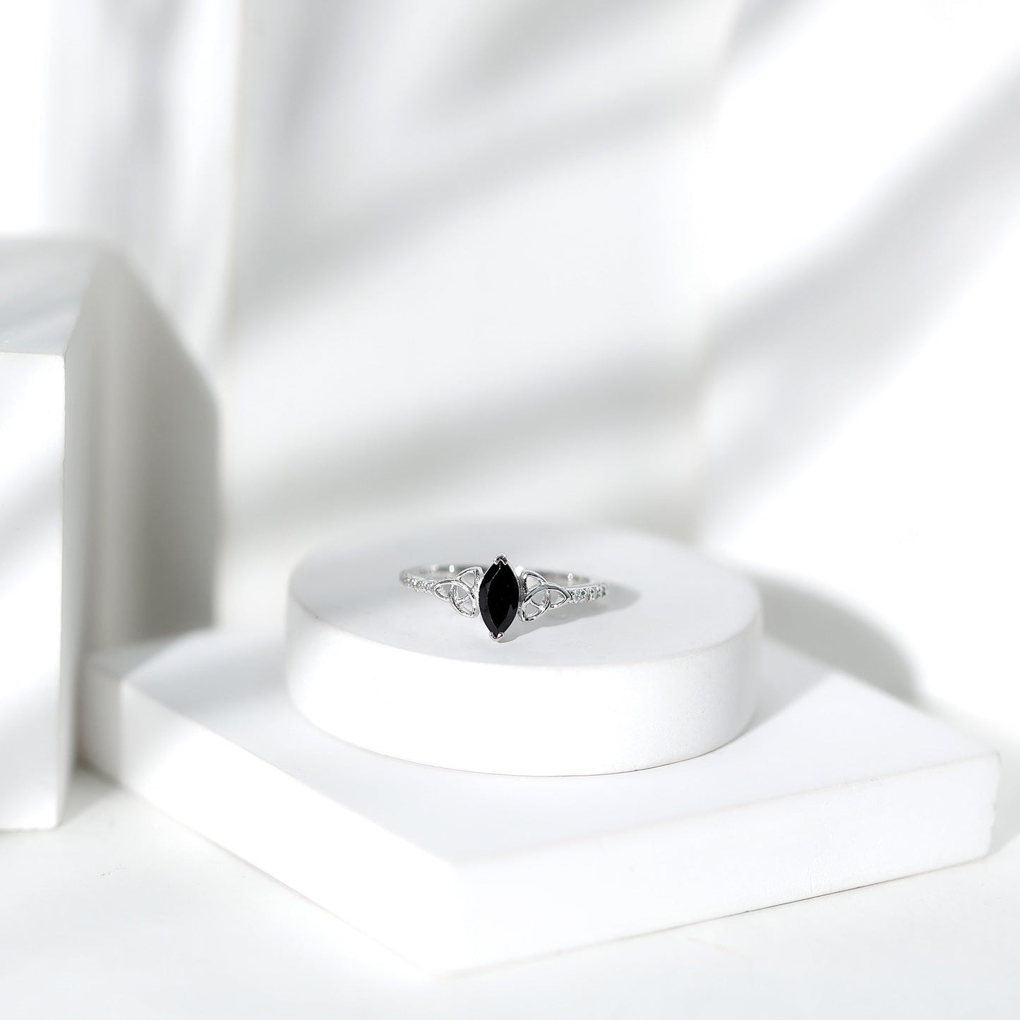 0.8 Carat Lab Grown Black and White Diamond Marquise Engagement Ring with Celtic Knot