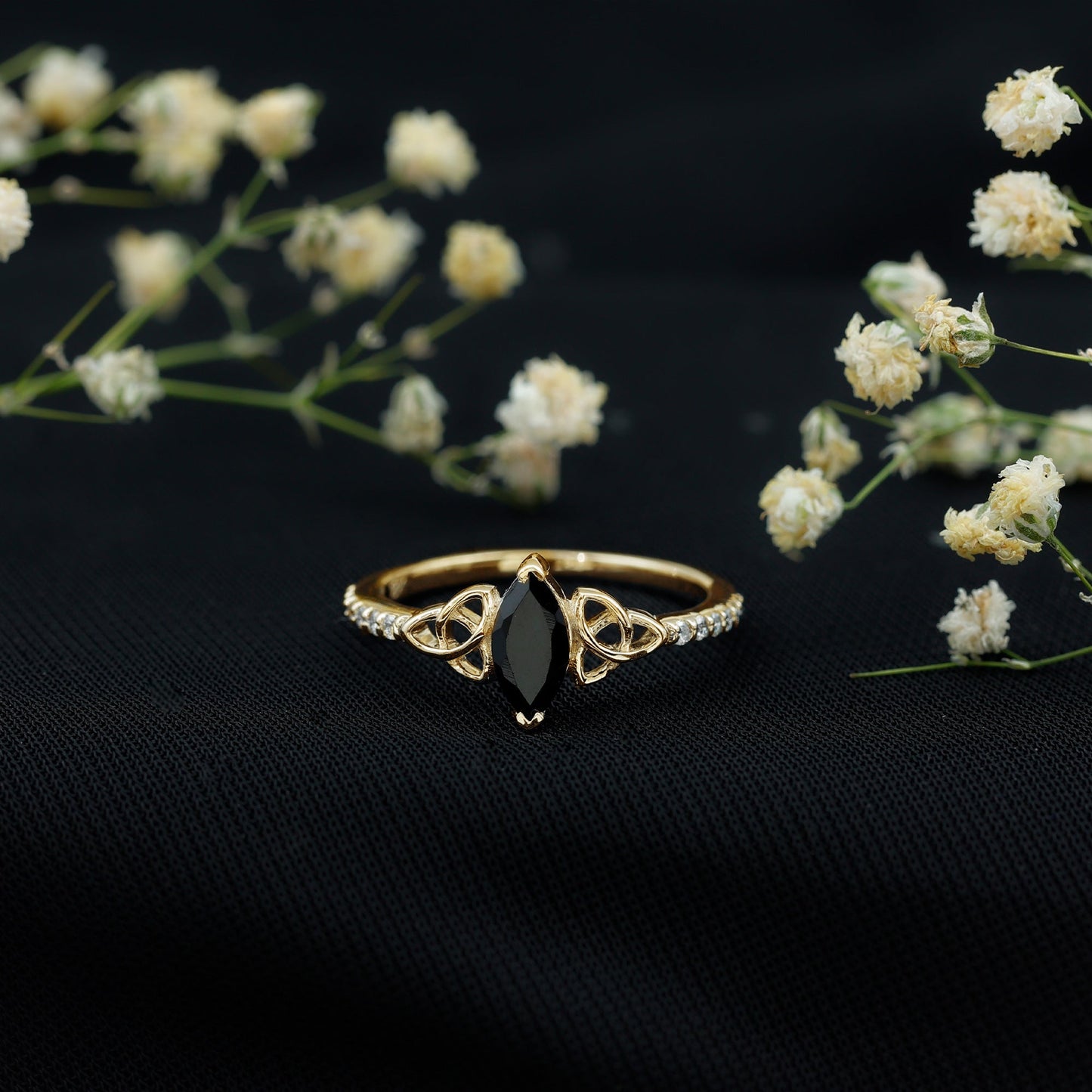 0.8 Carat Lab Grown Black and White Diamond Marquise Engagement Ring with Celtic Knot