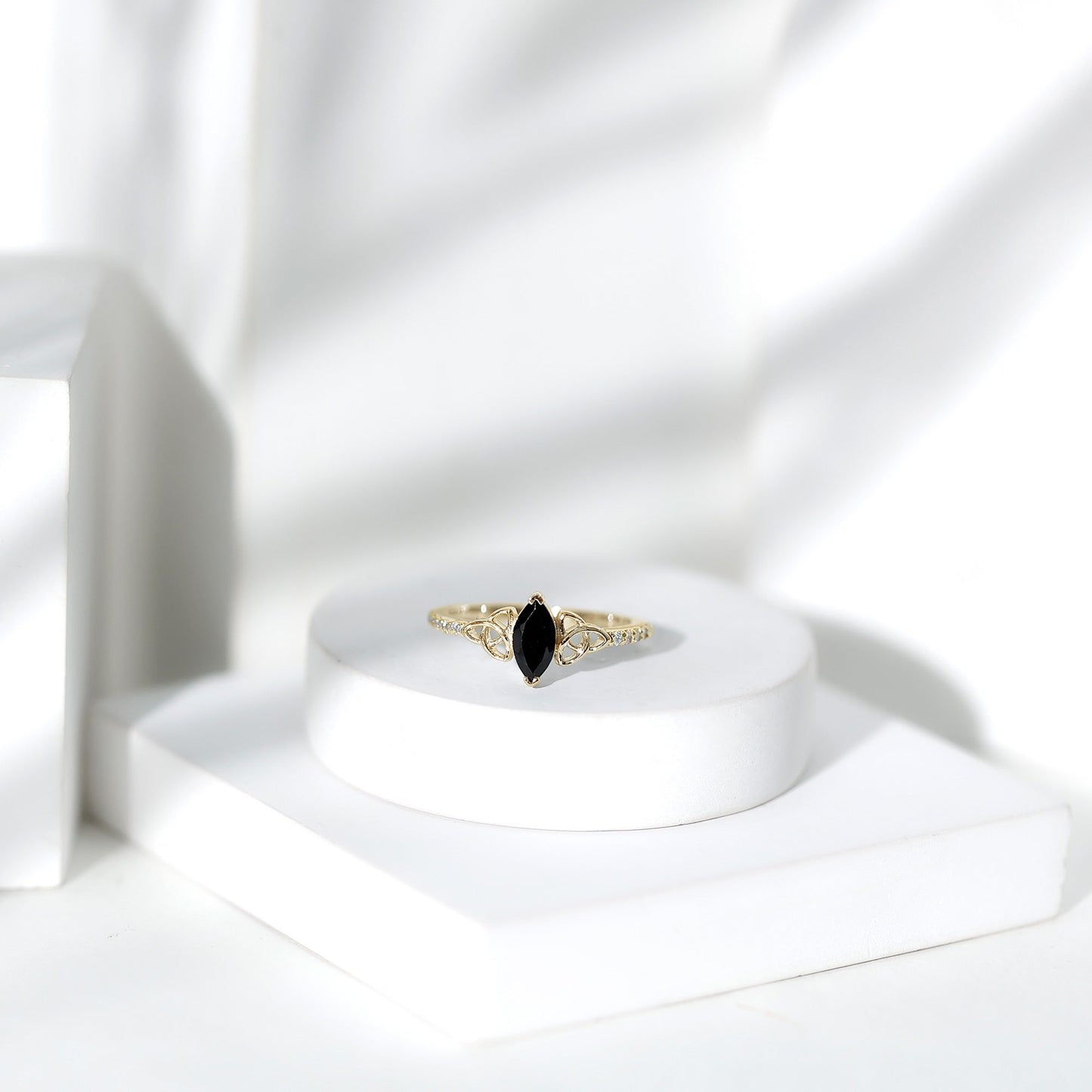 0.8 Carat Lab Grown Black and White Diamond Marquise Engagement Ring with Celtic Knot