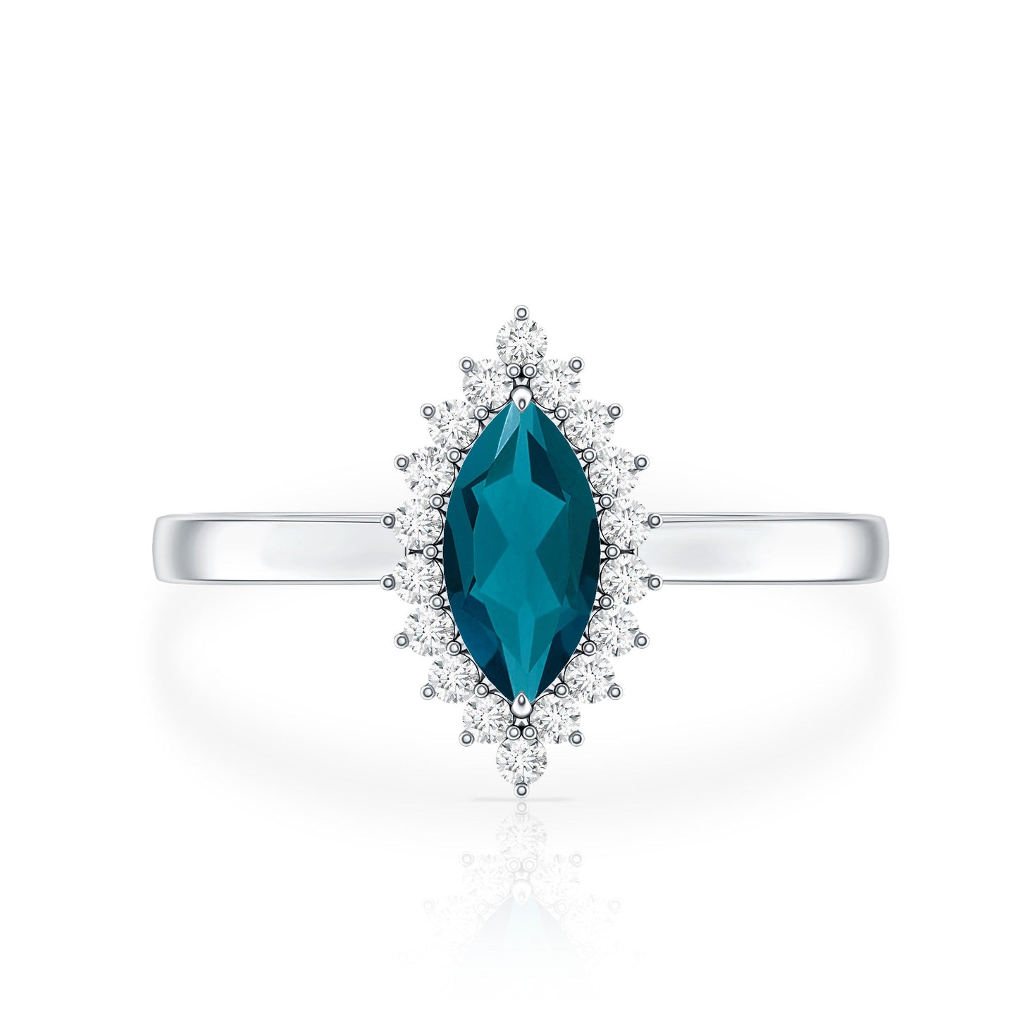 Elongated Marquise Blue Topaz Engagement Ring with Diamond Halo