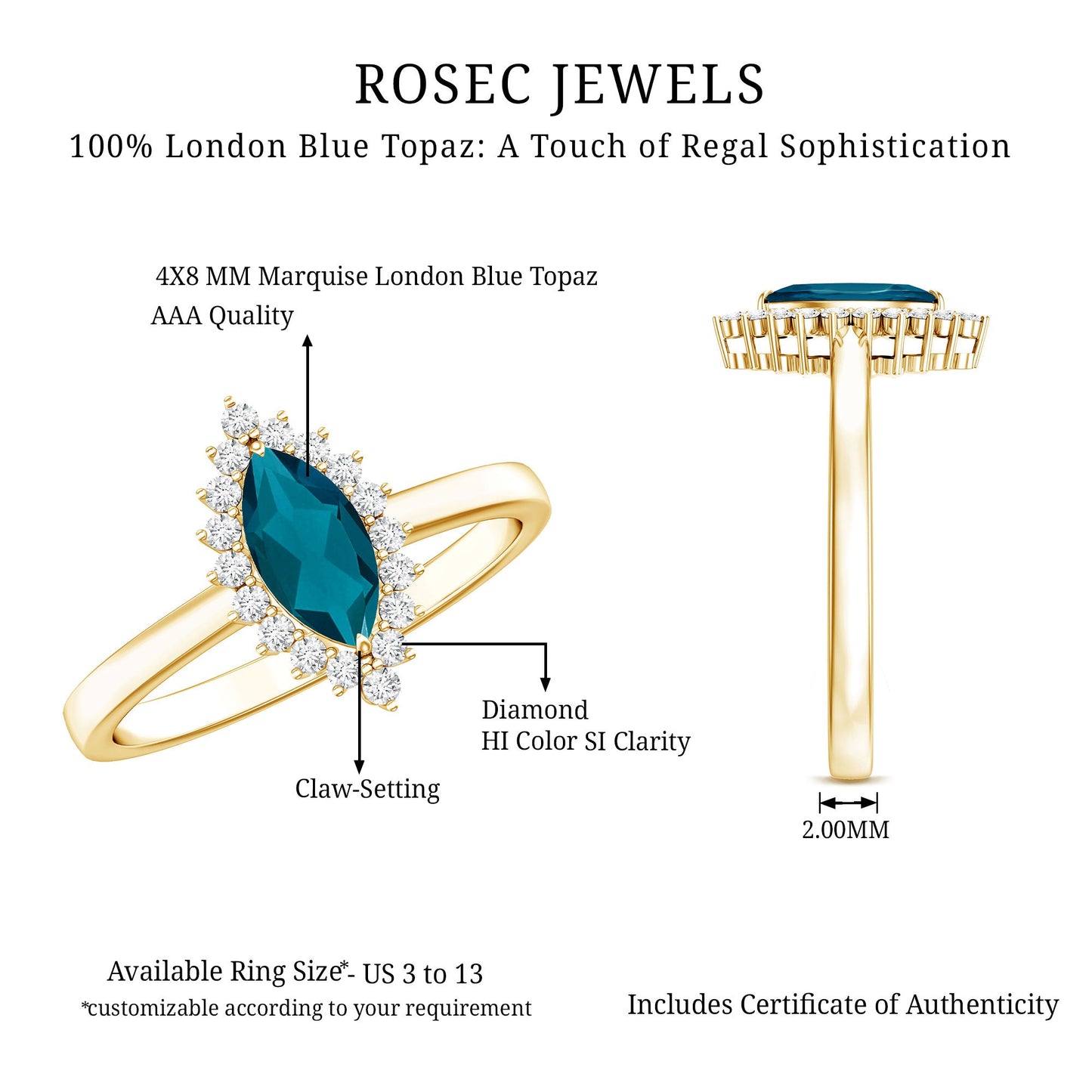 Elongated Marquise Blue Topaz Engagement Ring with Diamond Halo