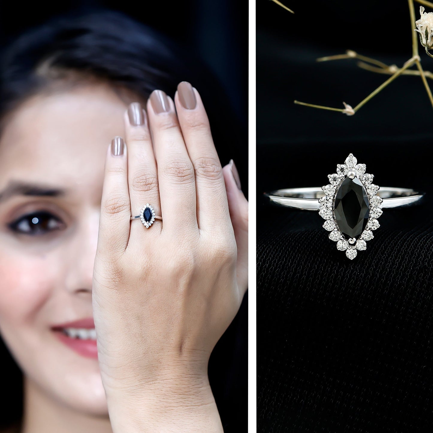 Certified 0.8 Carat Lab Grown Black Diamond Marquise Engagement Ring with Halo