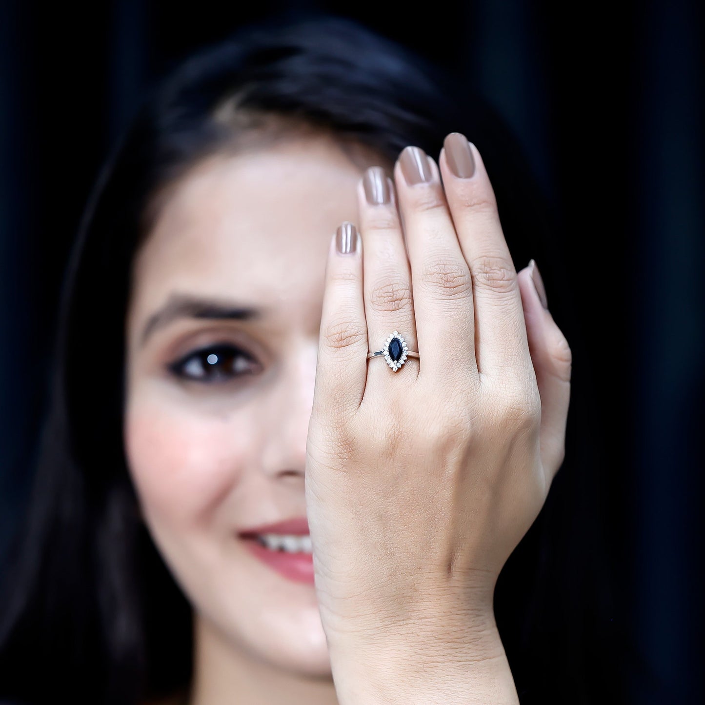 Certified 0.8 Carat Lab Grown Black Diamond Marquise Engagement Ring with Halo