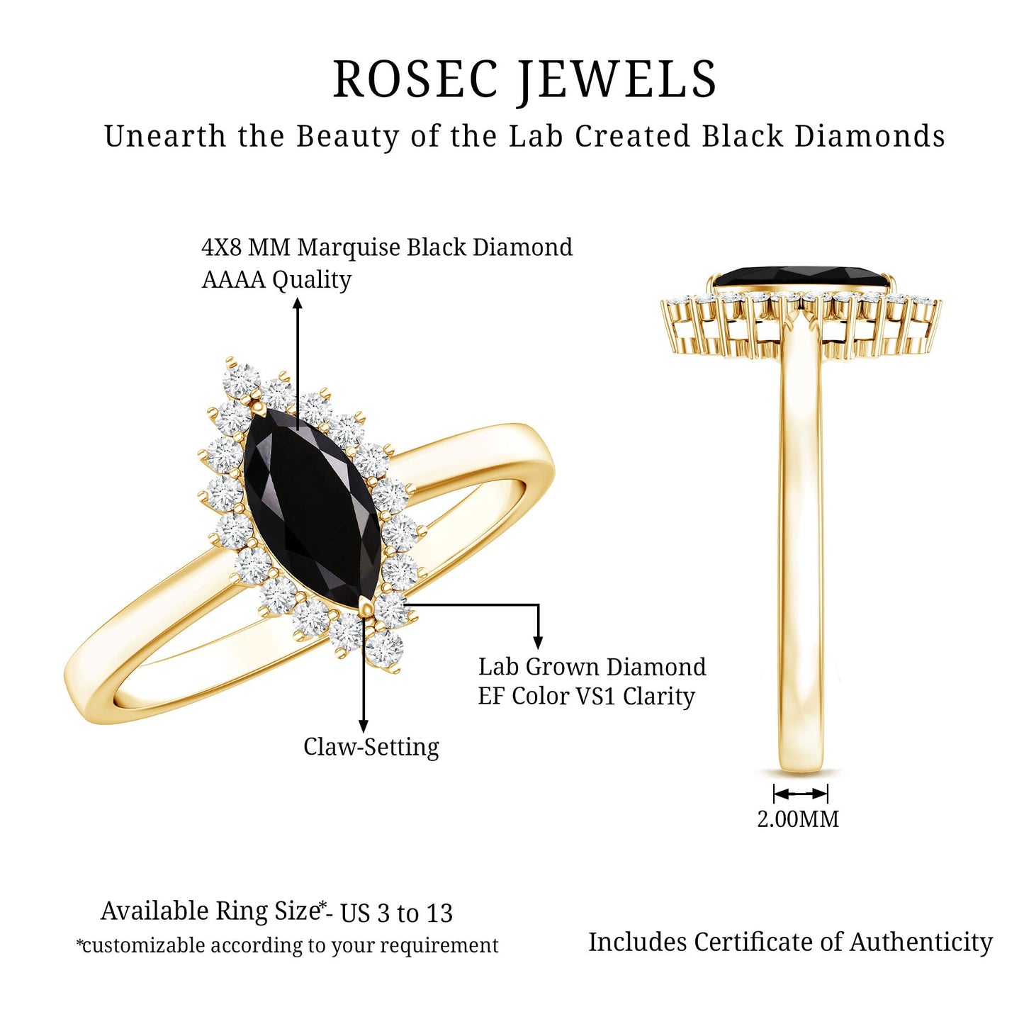 Certified 0.8 Carat Lab Grown Black Diamond Marquise Engagement Ring with Halo