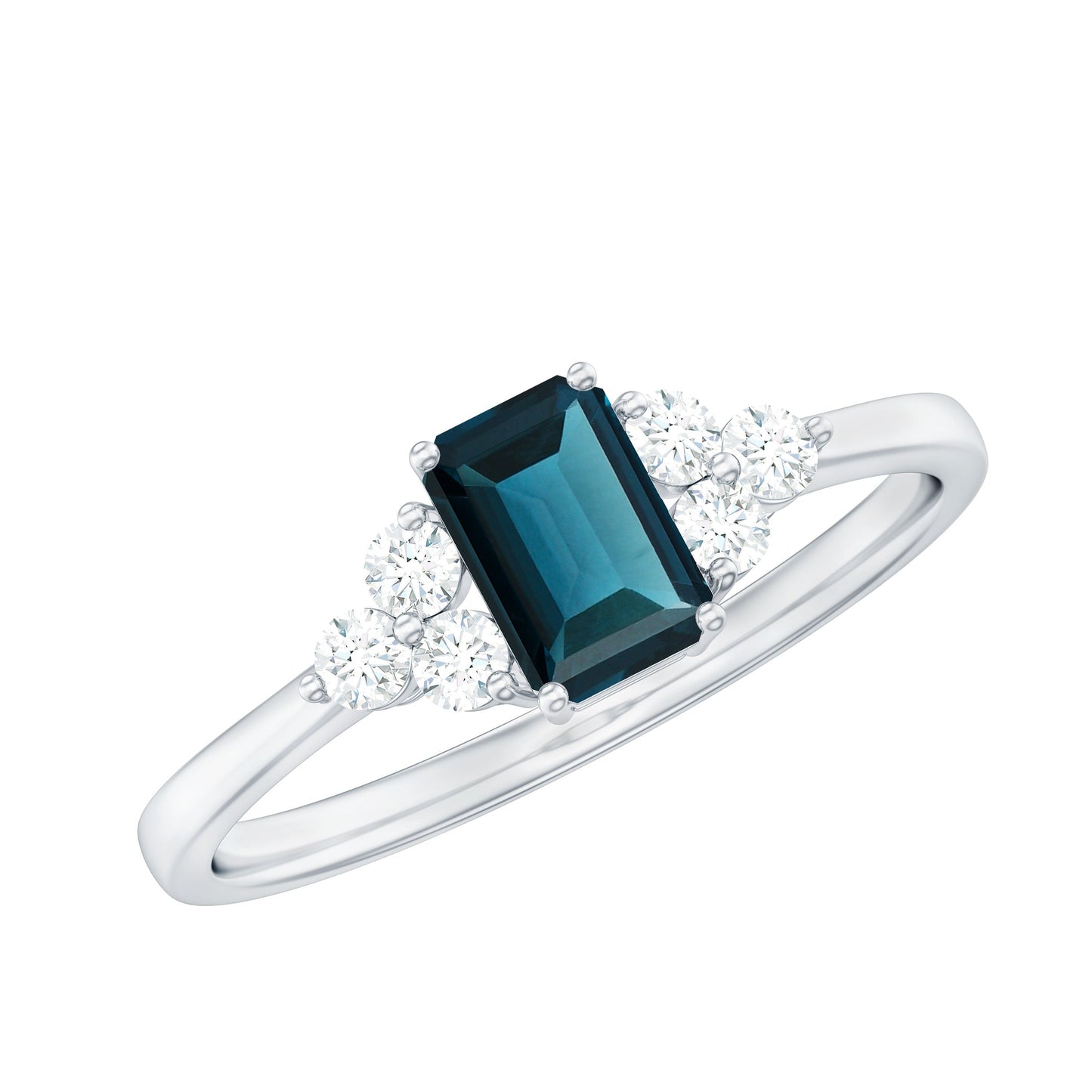 Emerald Cut London Blue Topaz Engagement Ring with Diamond Trio