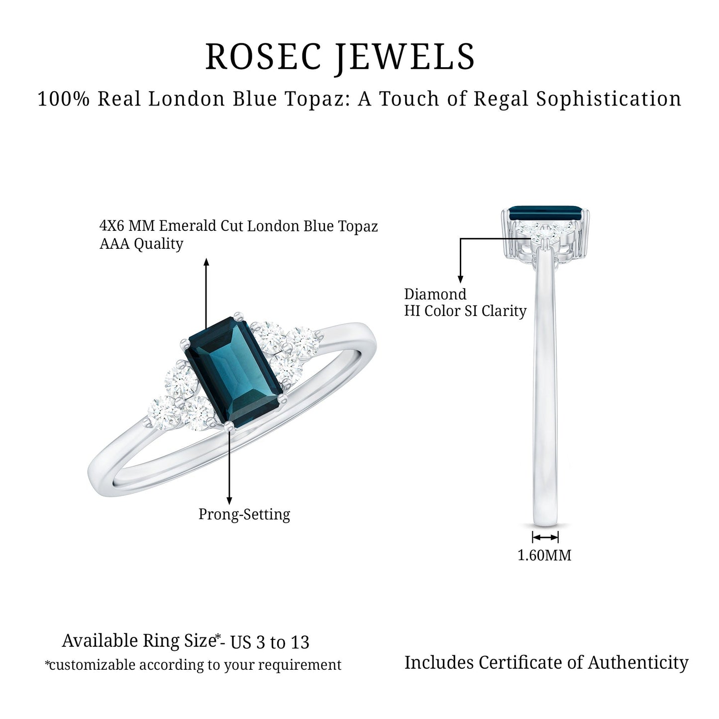 Emerald Cut London Blue Topaz Engagement Ring with Diamond Trio