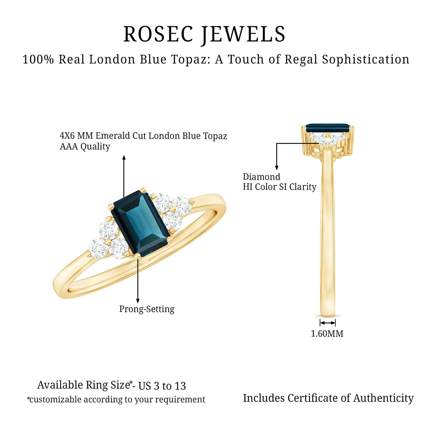 Emerald Cut London Blue Topaz Engagement Ring with Diamond Trio