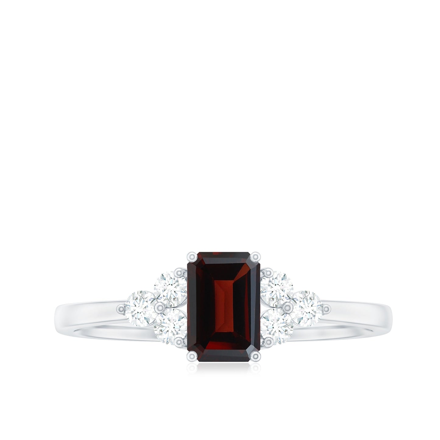 Certified Natural Garnet Emerald Cut Engagement Ring With Diamond Trio