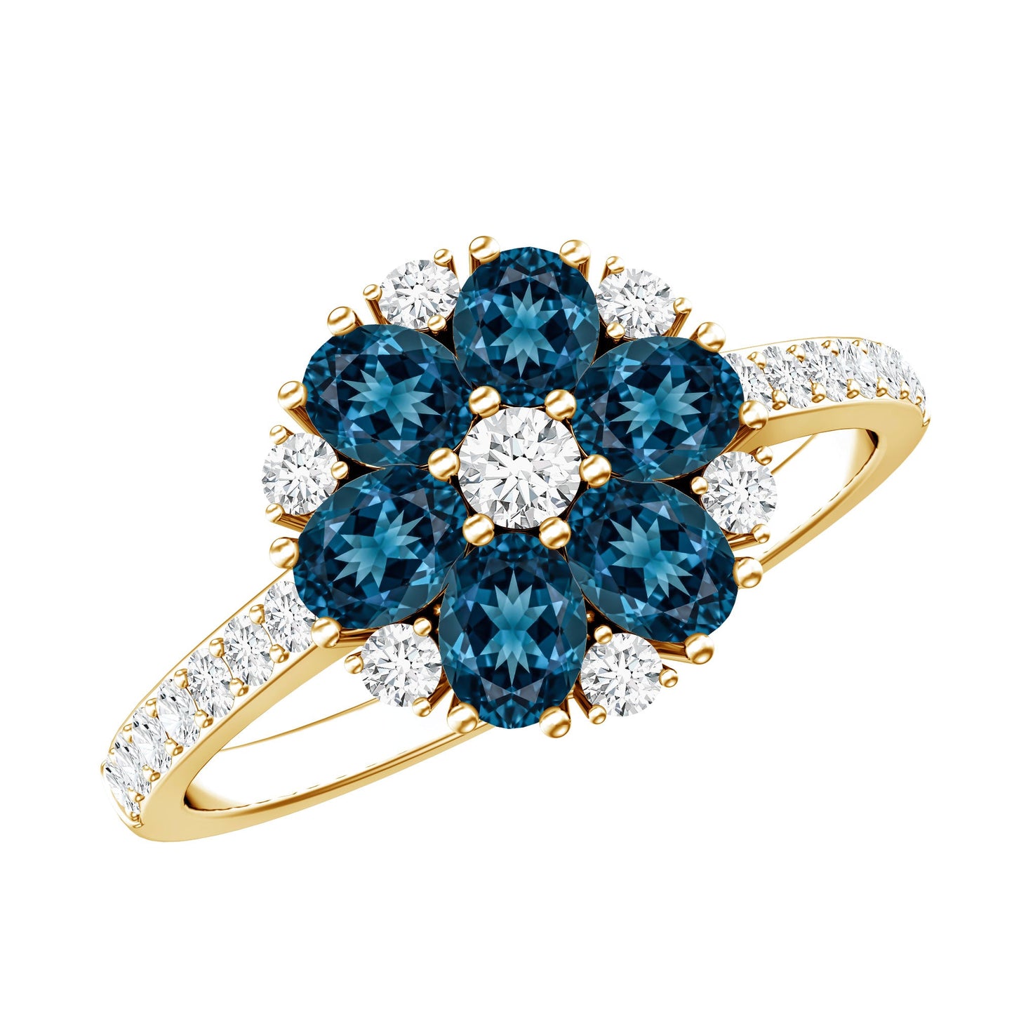 Natural London Blue Topaz Flower Engagement Ring with Diamond
