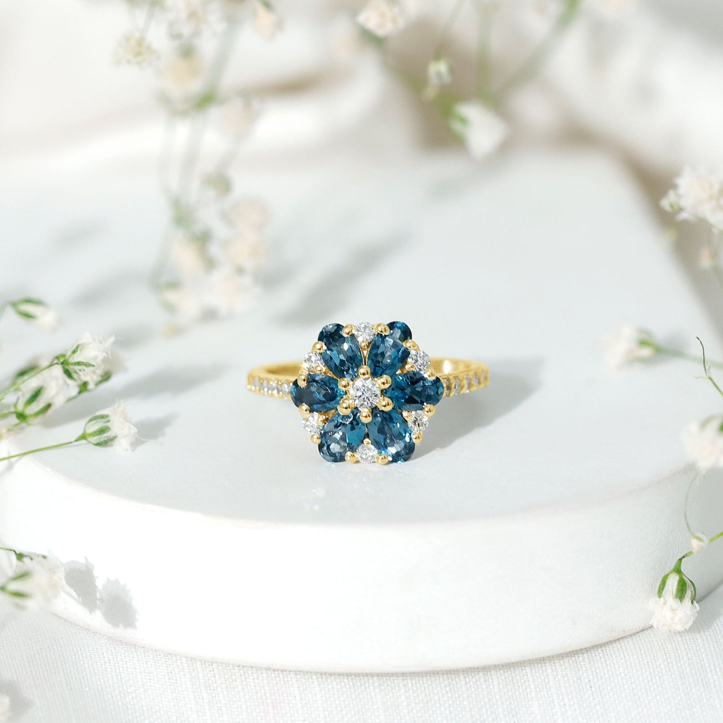 Natural London Blue Topaz Flower Engagement Ring with Diamond
