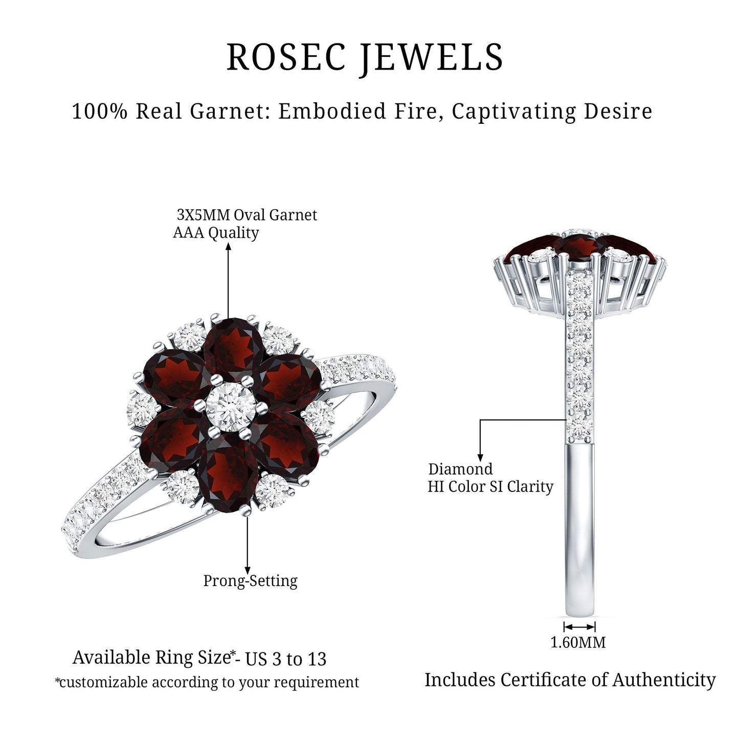 Natural Garnet Flower Engagement Ring with Diamond