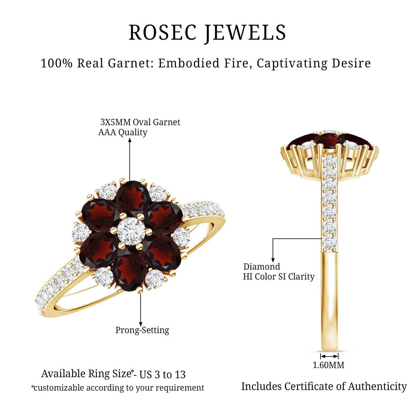 Natural Garnet Flower Engagement Ring with Diamond