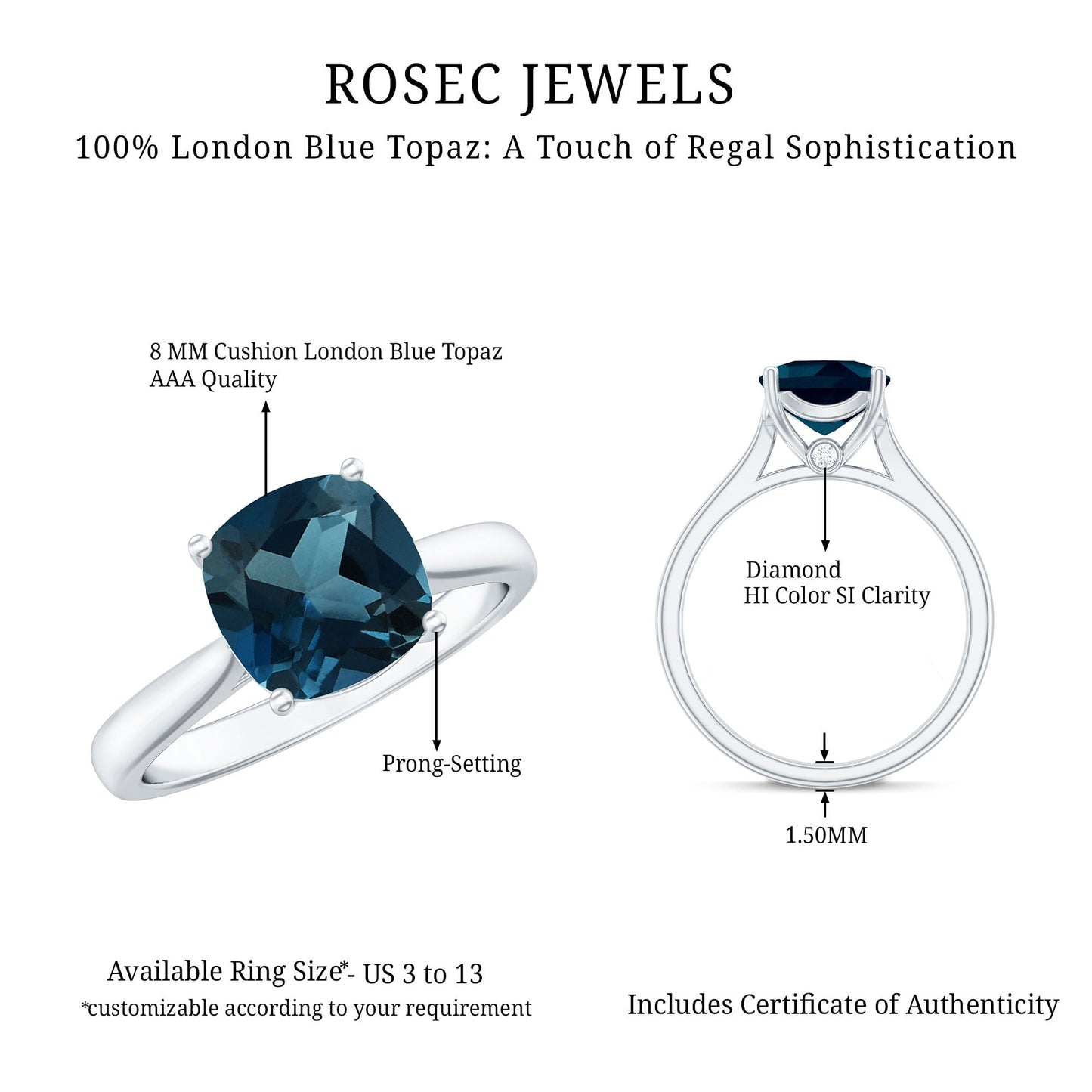 Solitaire Cushion Cut London Blue Topaz Cathedral Engagement Ring