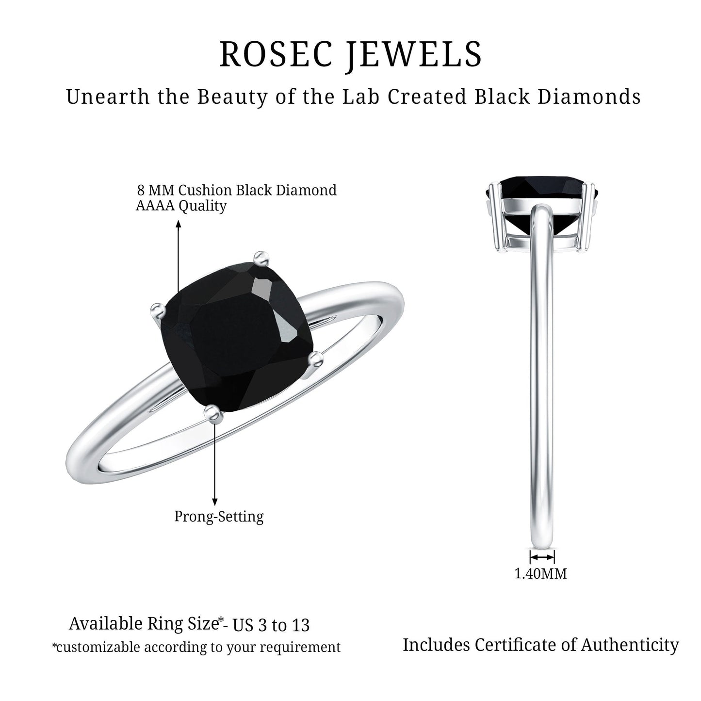 Certified 2.8 Carat Lab Grown Black Diamond Cushion Cut Engagement Ring