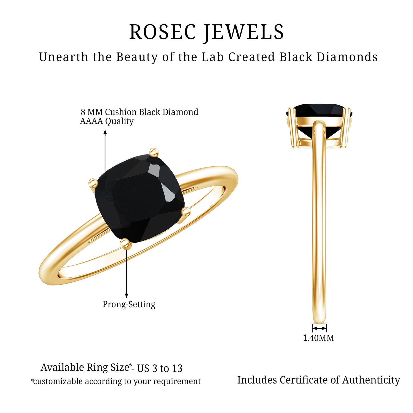 Certified 2.8 Carat Lab Grown Black Diamond Cushion Cut Engagement Ring