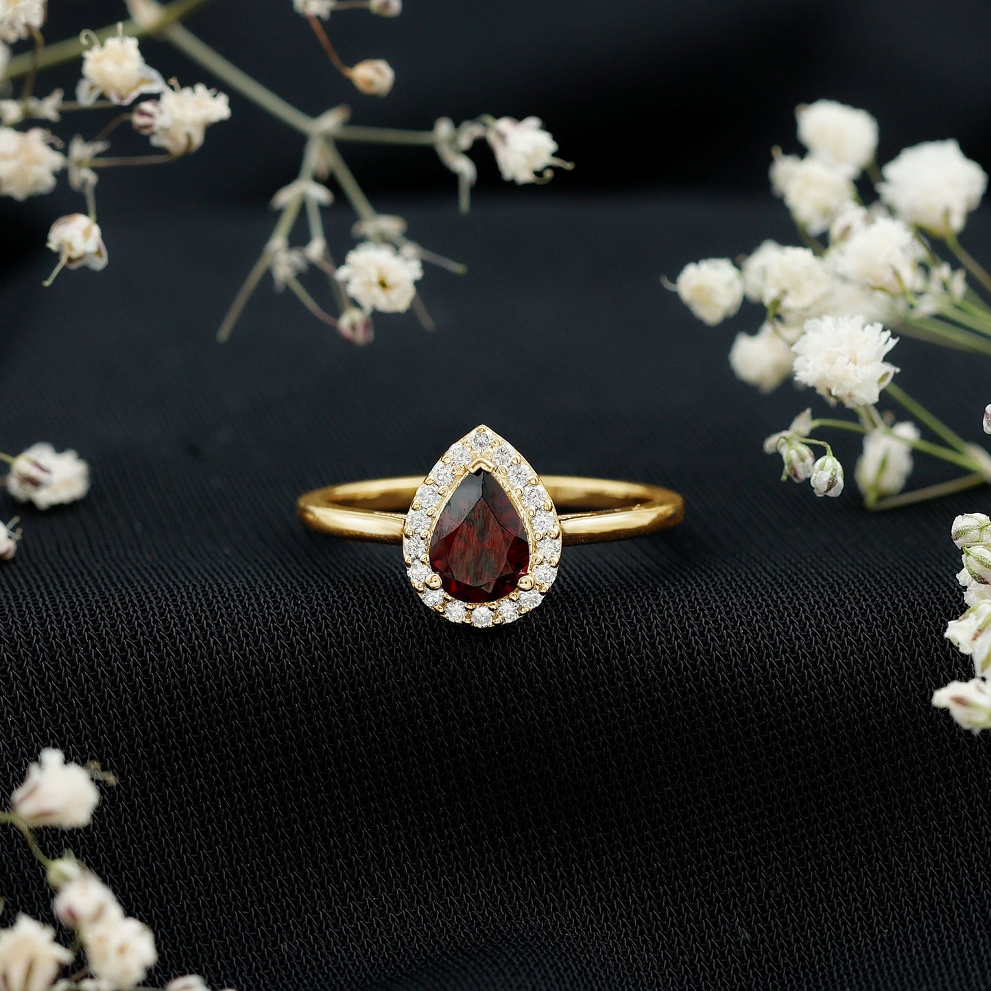 Classic Garnet Teardrop Engagement Ring with Diamond Halo