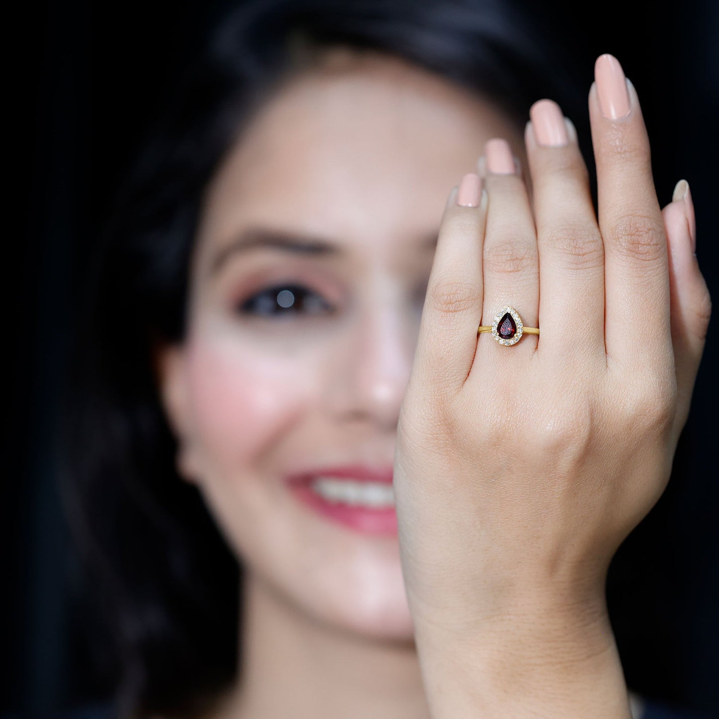 Classic Garnet Teardrop Engagement Ring with Diamond Halo