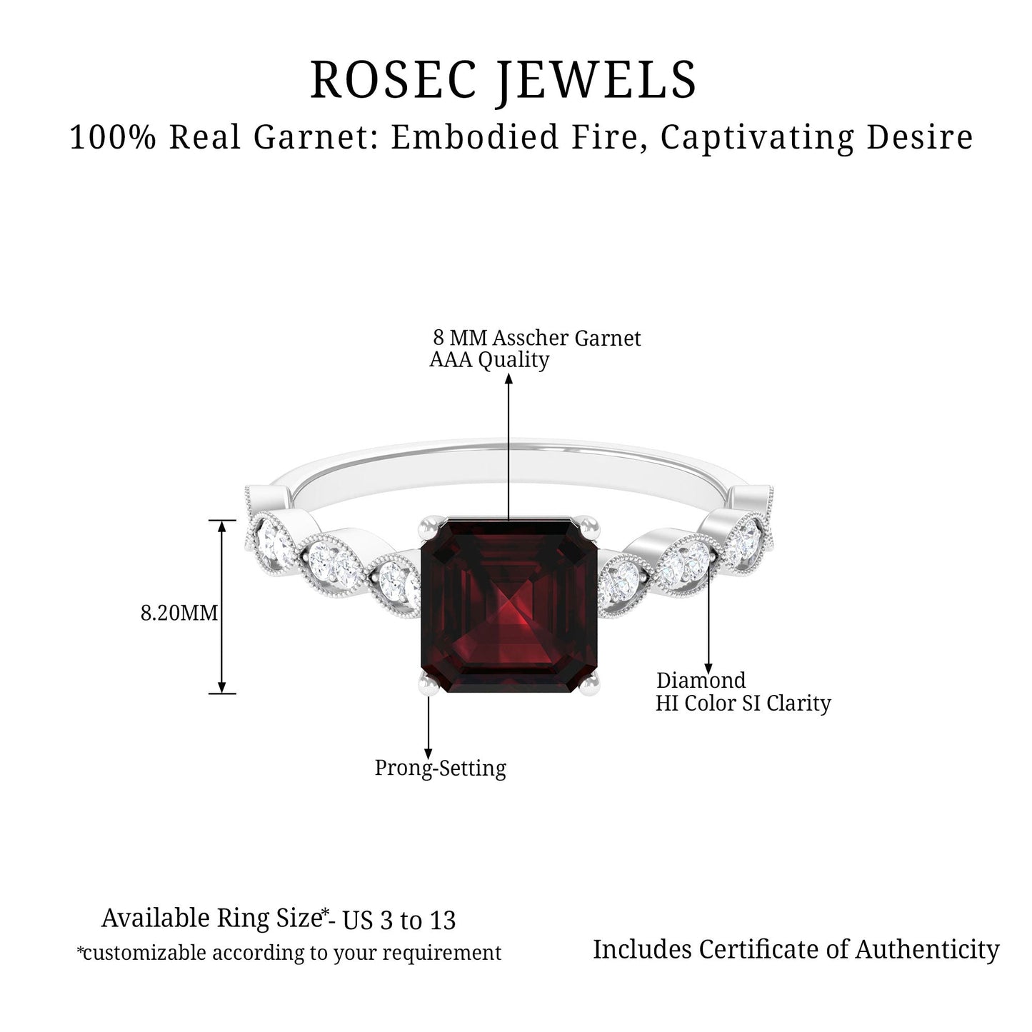 Natural 3.3 Carat Garnet Asscher Cut Engagement Ring with Diamond