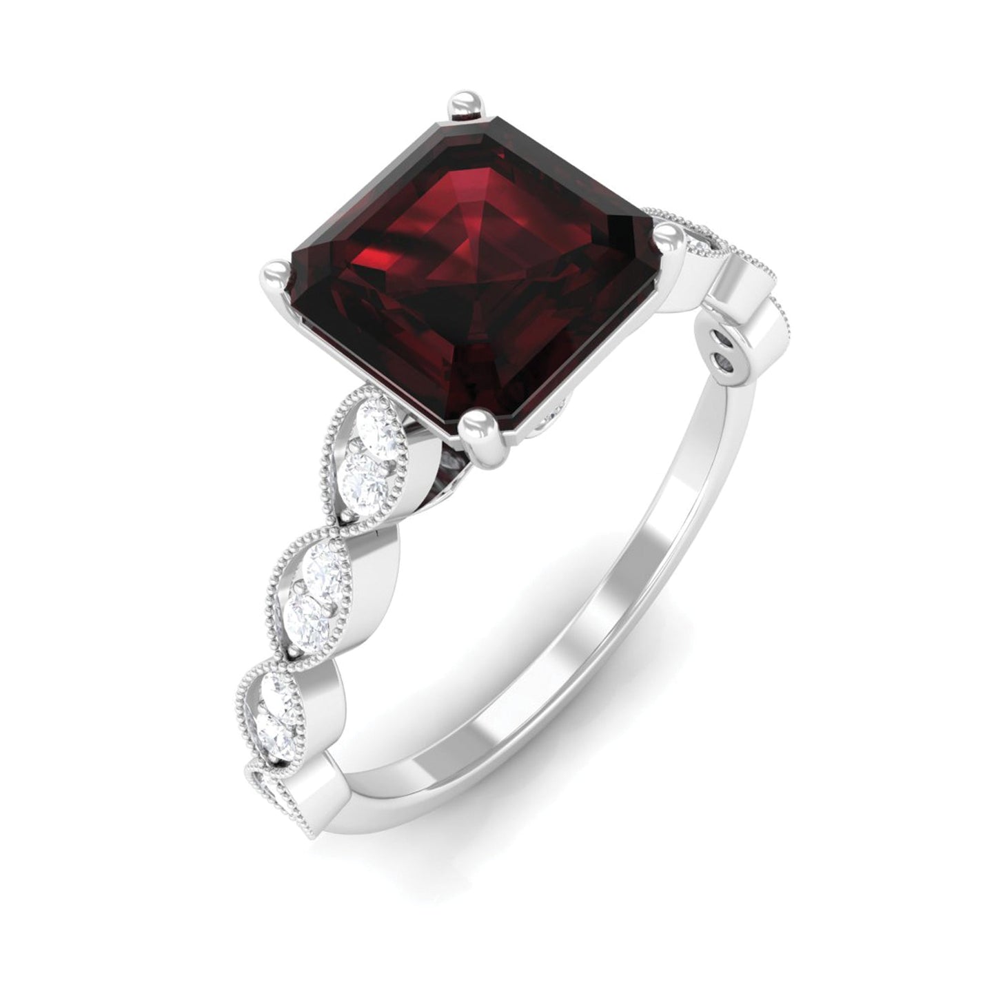Natural 3.3 Carat Garnet Asscher Cut Engagement Ring with Diamond