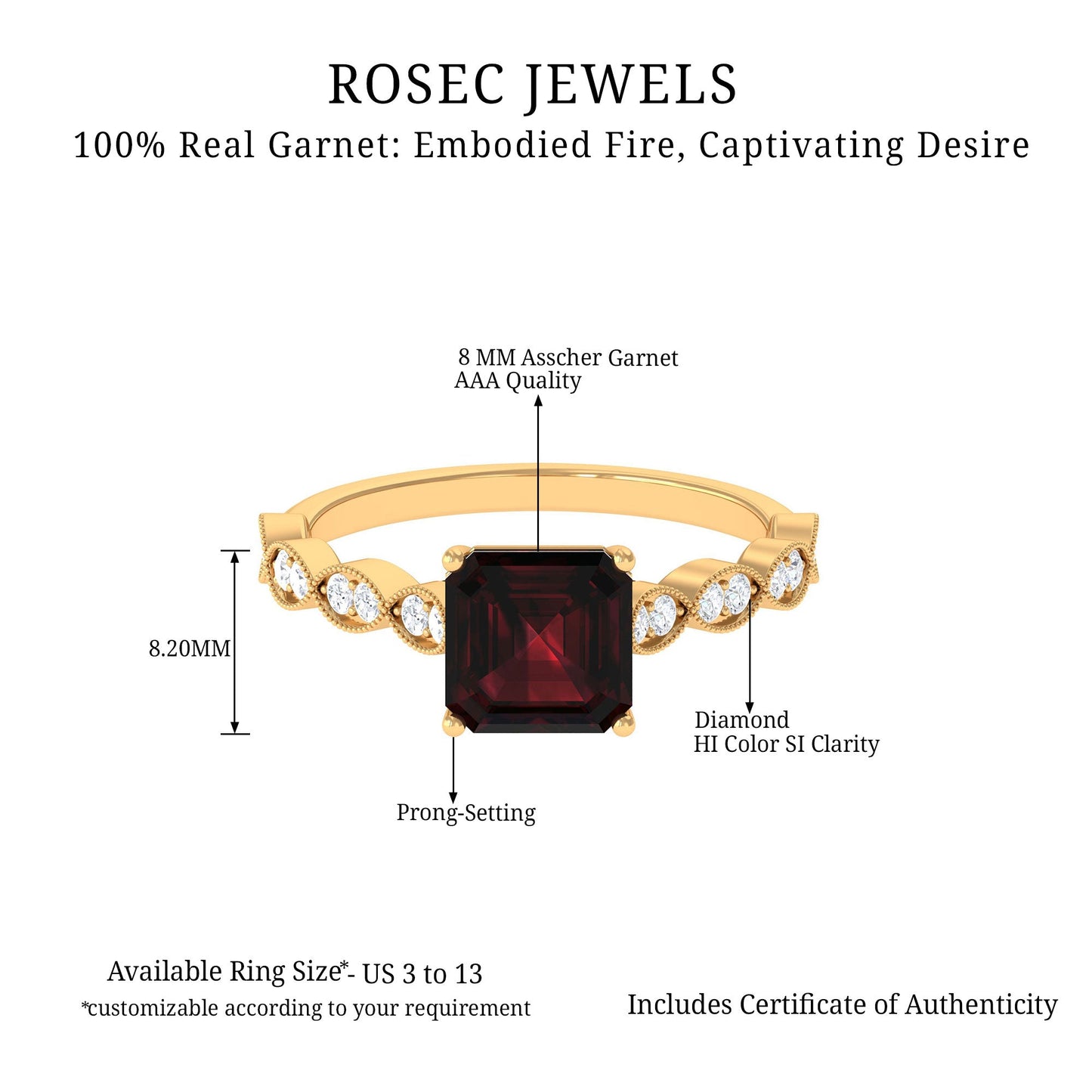 Natural 3.3 Carat Garnet Asscher Cut Engagement Ring with Diamond