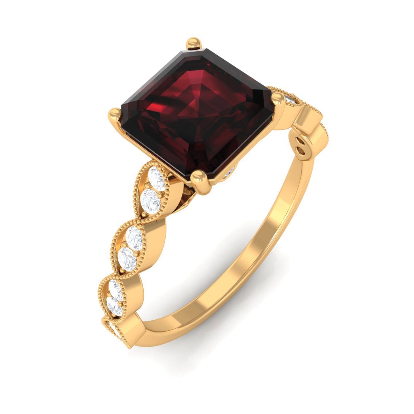 Natural 3.3 Carat Garnet Asscher Cut Engagement Ring with Diamond