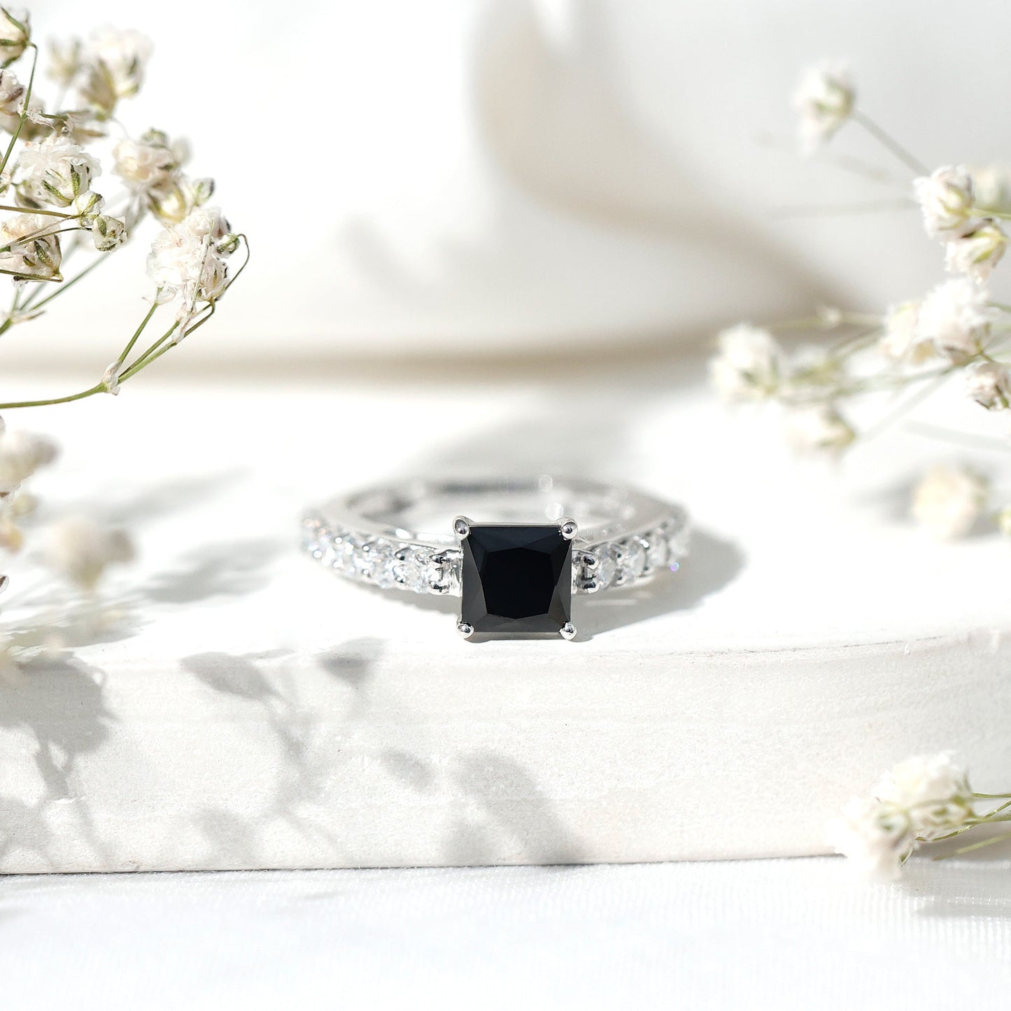 Certified 1 Carat Lab Grown Black Diamond Princess Cut Engagement Ring with Moissanite