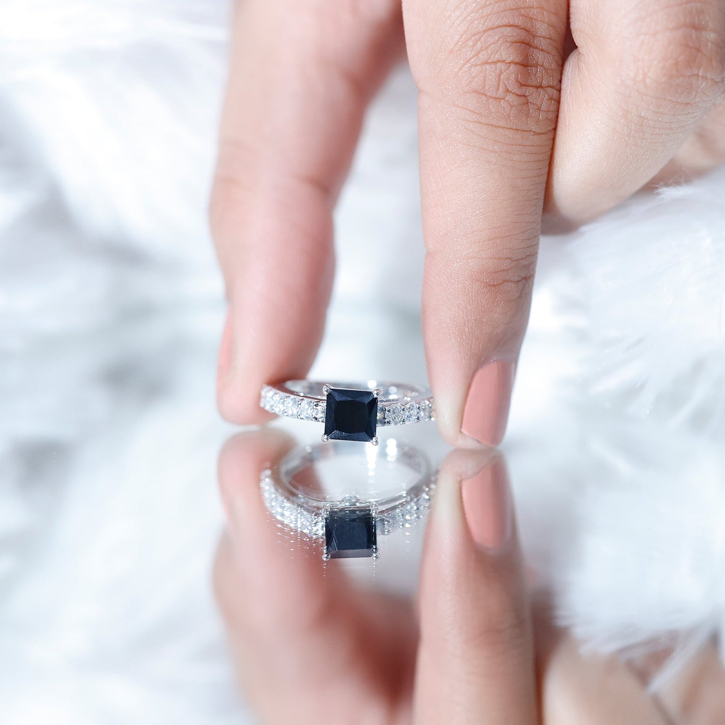 Certified 1 Carat Lab Grown Black Diamond Princess Cut Engagement Ring with Moissanite