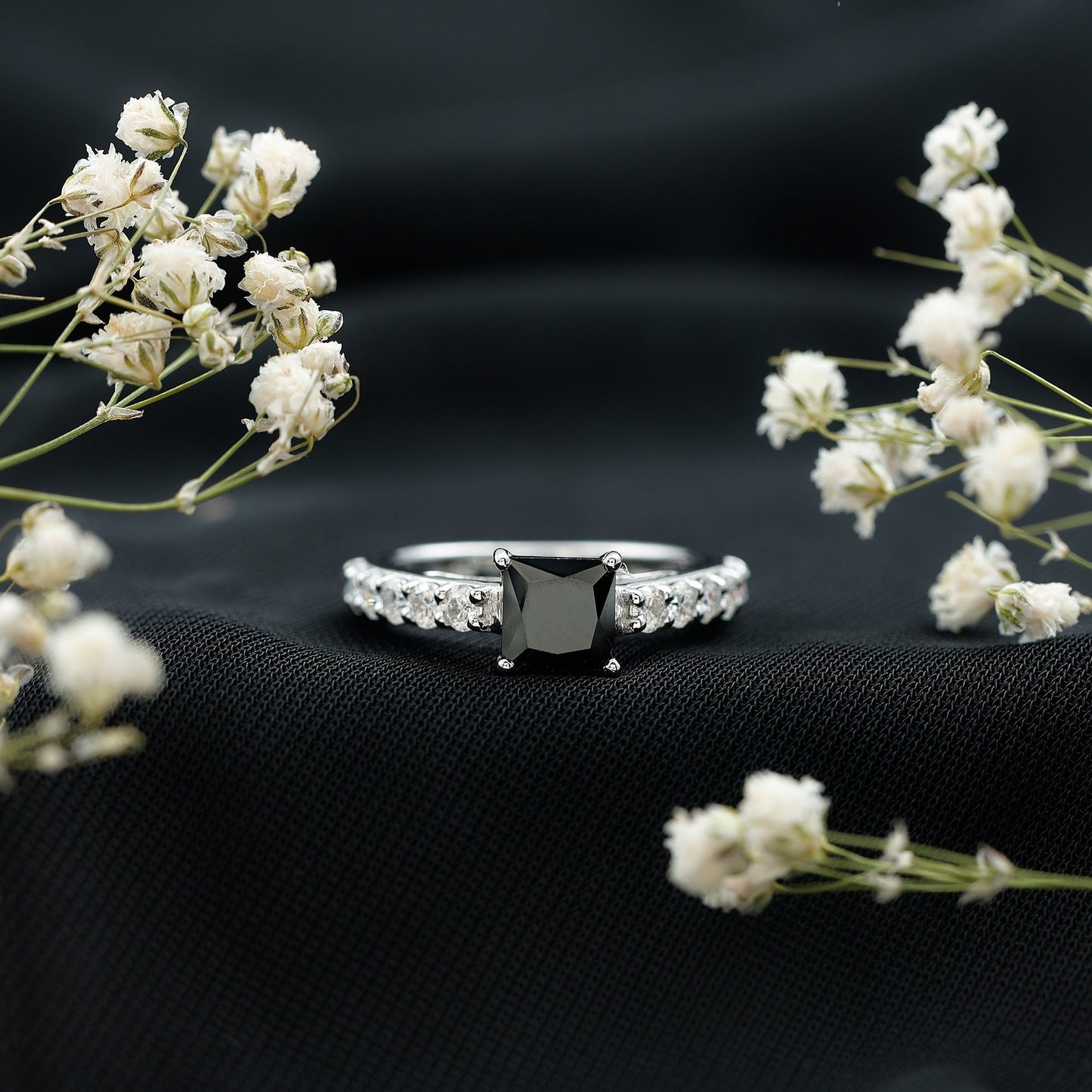 Certified 1 Carat Lab Grown Black Diamond Princess Cut Engagement Ring with Moissanite