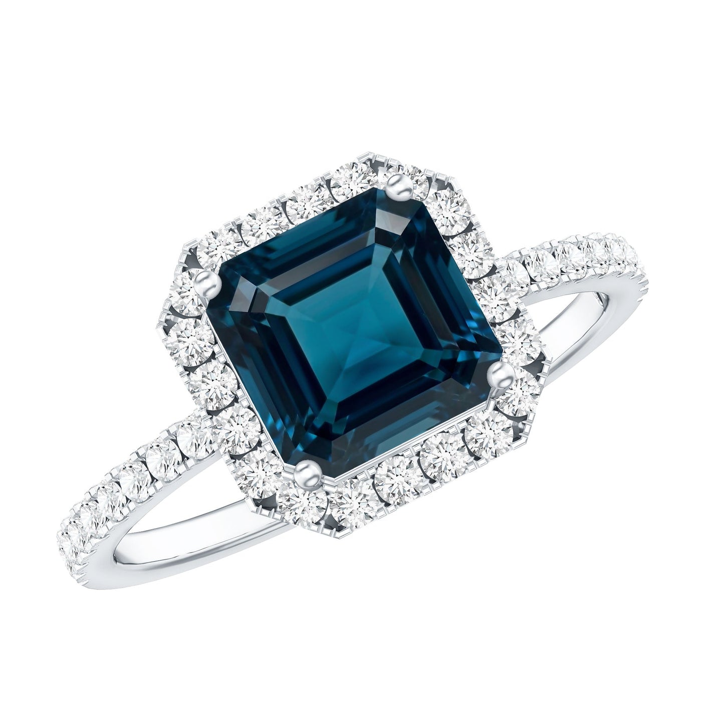 3 Carat Asscher Cut London Blue Topaz Vintage Engagement Ring with Diamond Halo