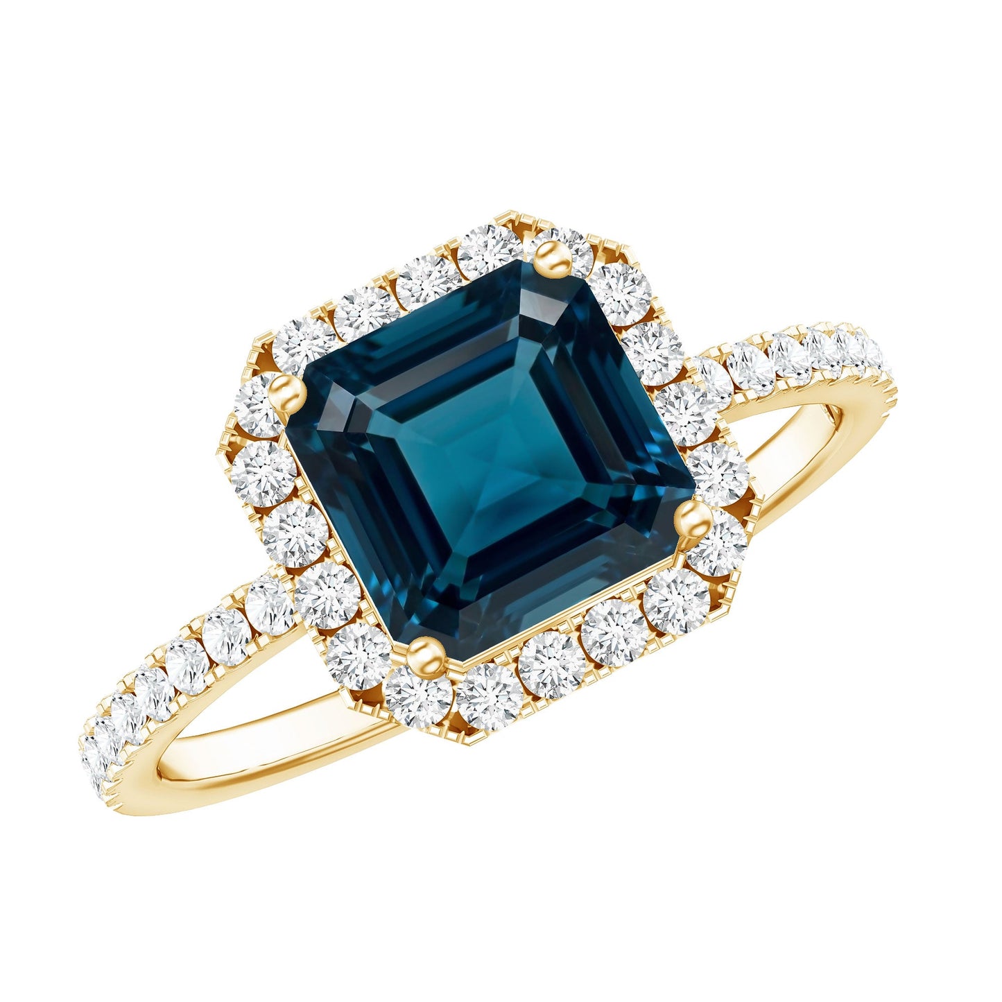 3 Carat Asscher Cut London Blue Topaz Vintage Engagement Ring with Diamond Halo