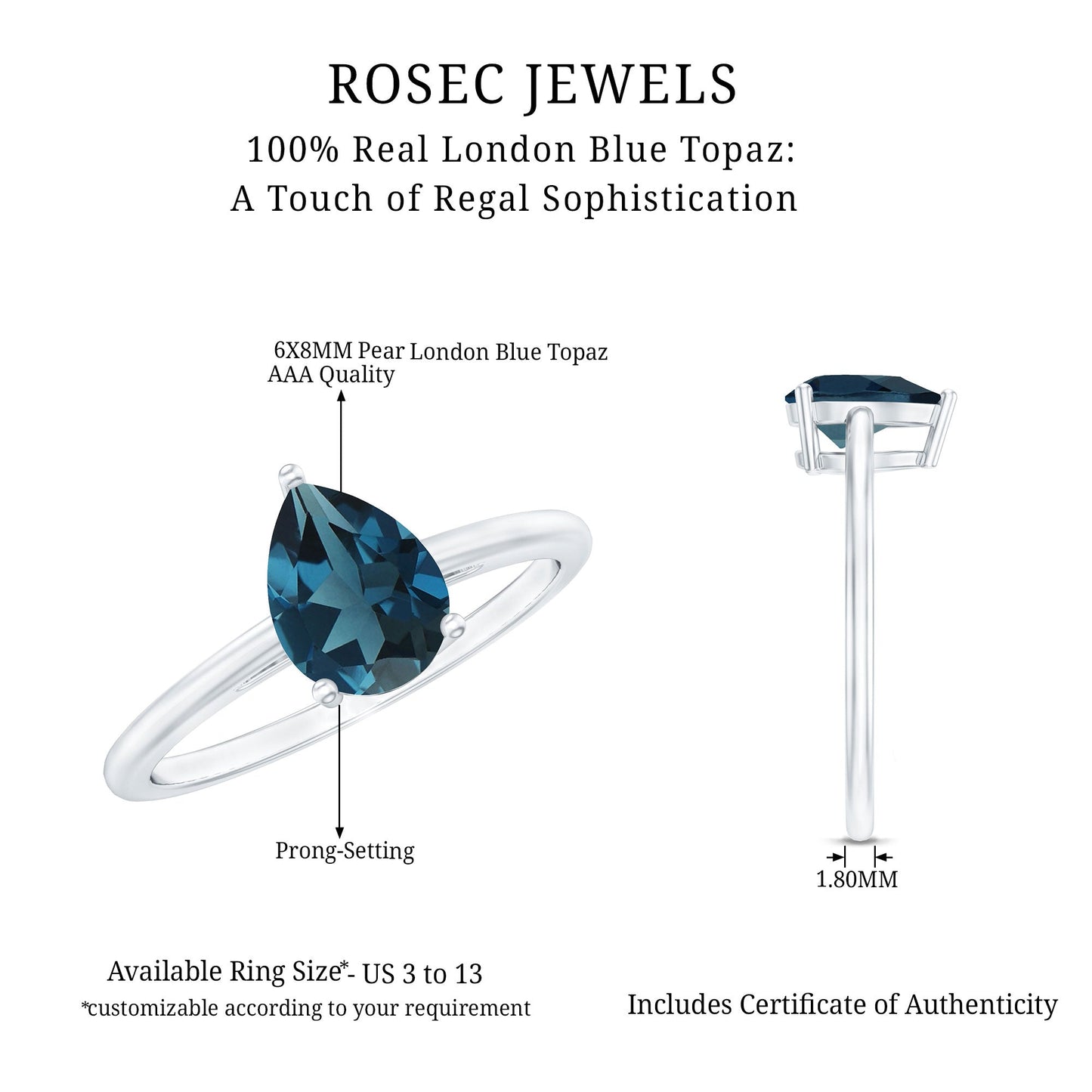 1 Carat Pear Shape London Blue Topaz Single Stone Engagement Ring