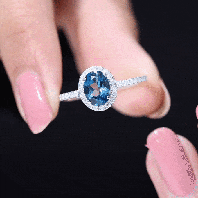 1 Carat Oval Cut London Blue Topaz Classic Engagement Ring with Diamond Halo