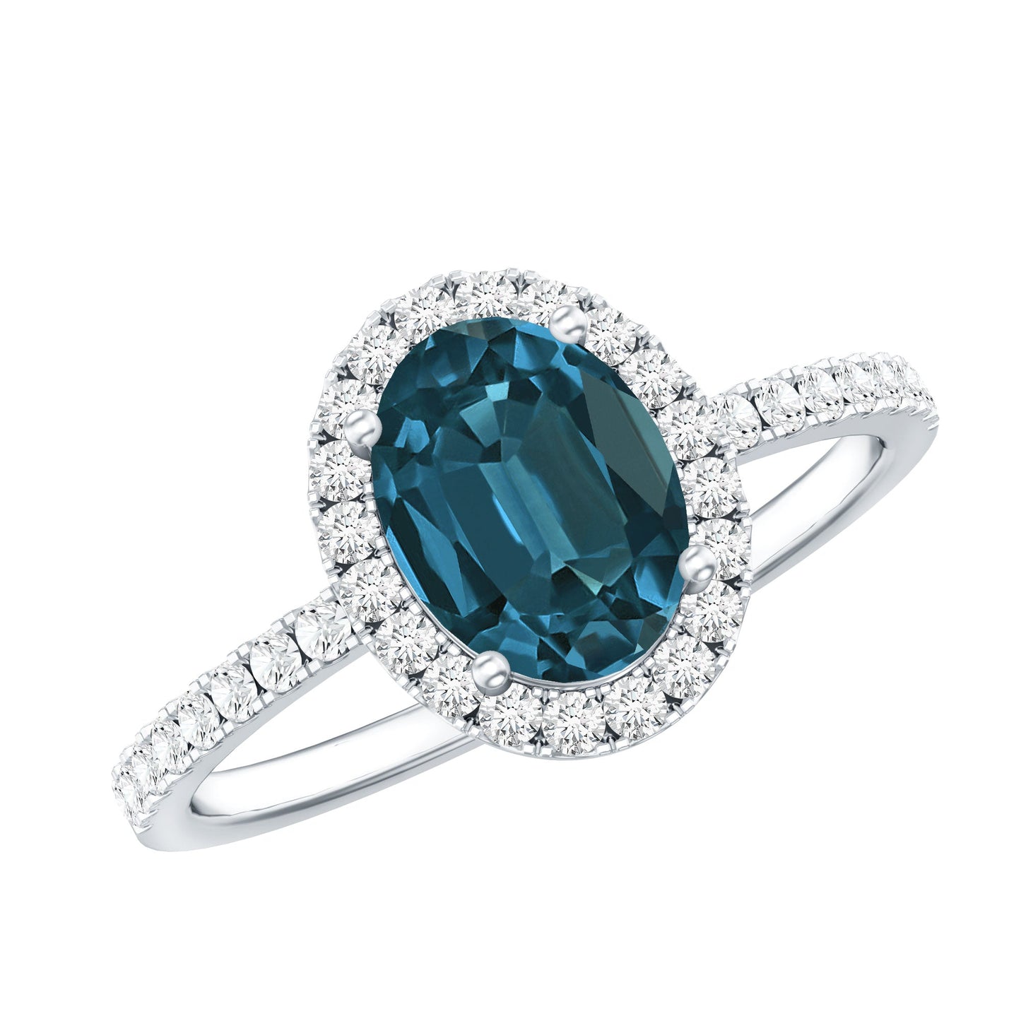 1 Carat Oval Cut London Blue Topaz Classic Engagement Ring with Diamond Halo